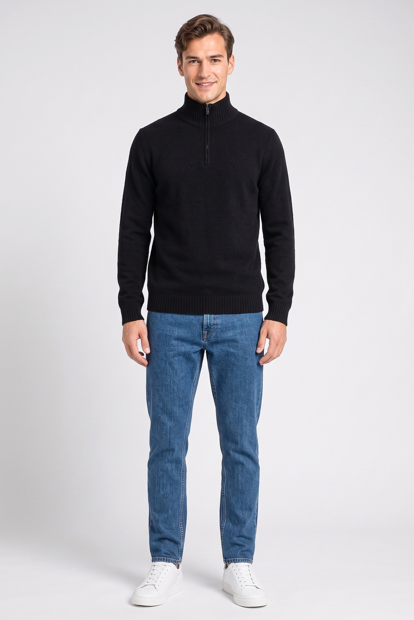 Men High Neck Knitted Half Zip Sweater, Black