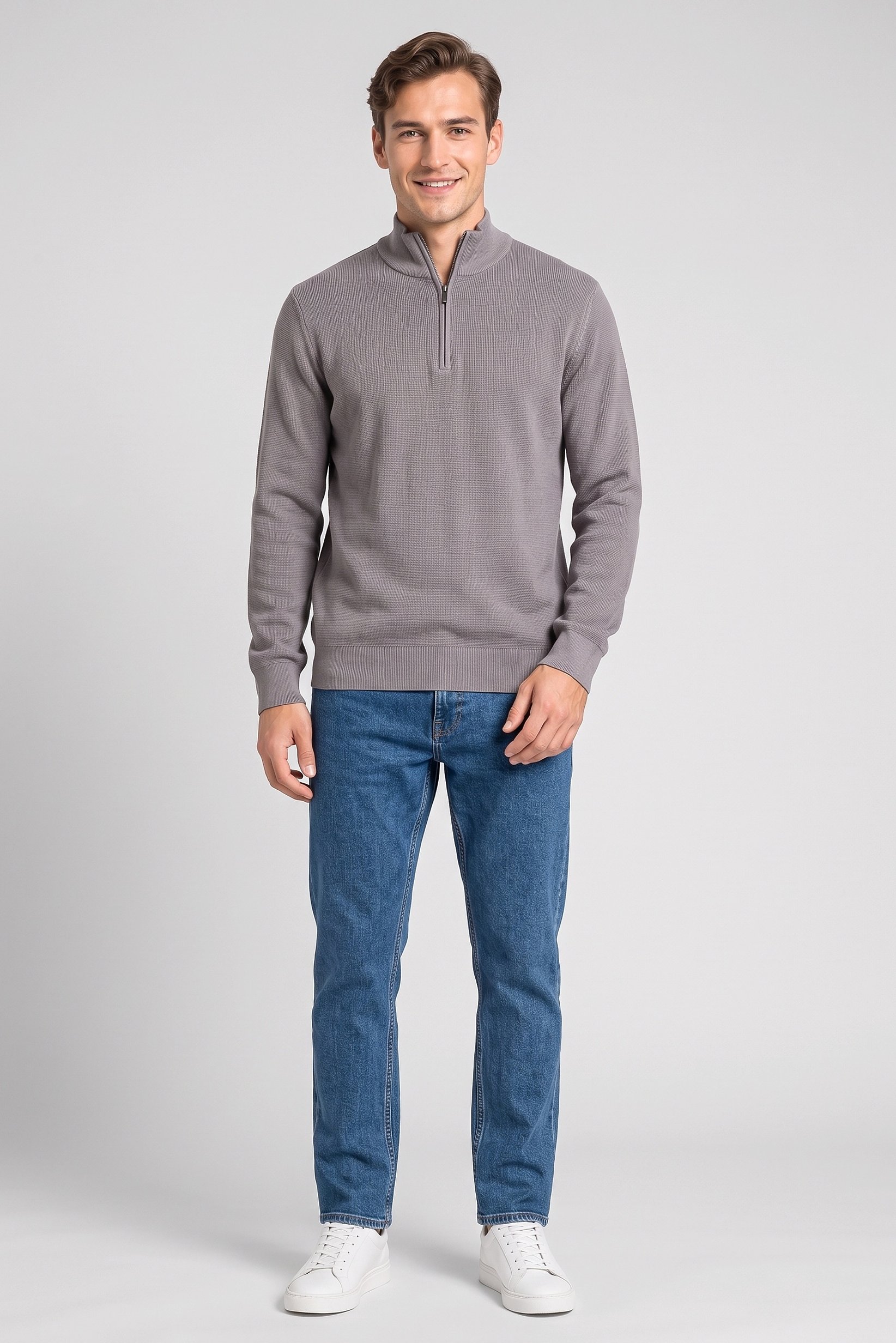 Men Mock Neck Knitted Sweater, Grey