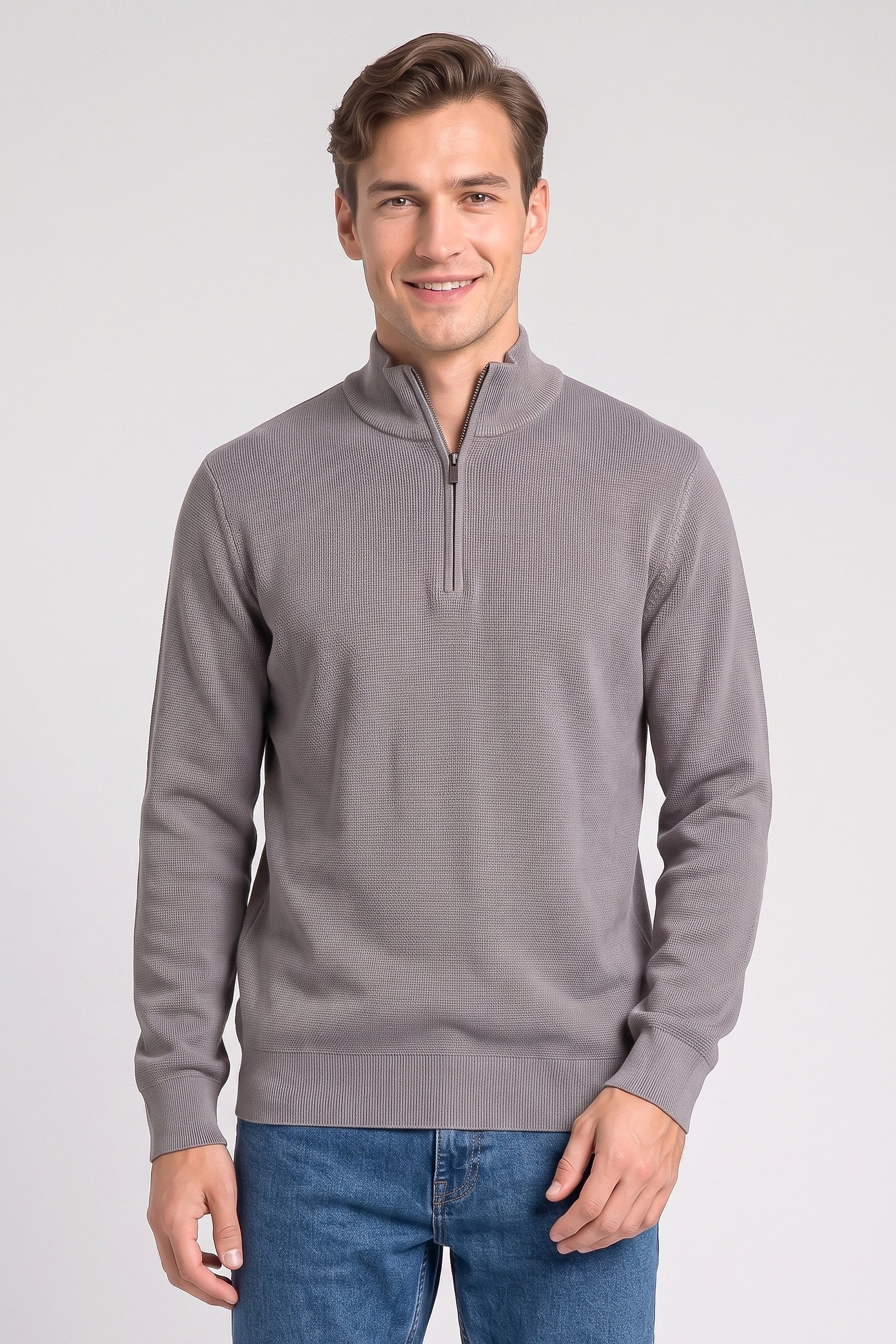 Men Mock Neck Knitted Sweater, Grey