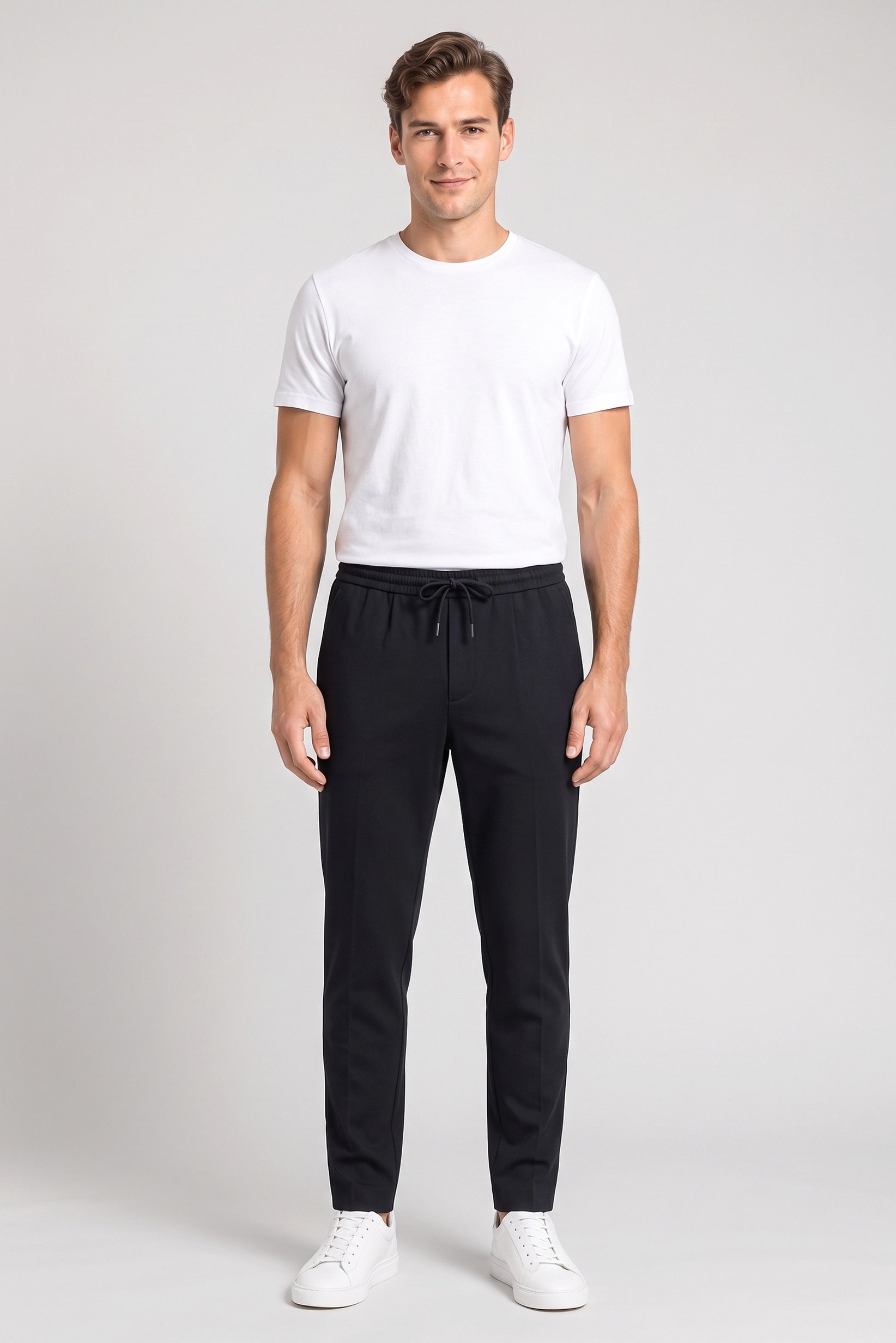 Men Slim Fit Solid Straight Leg Pants, Navy