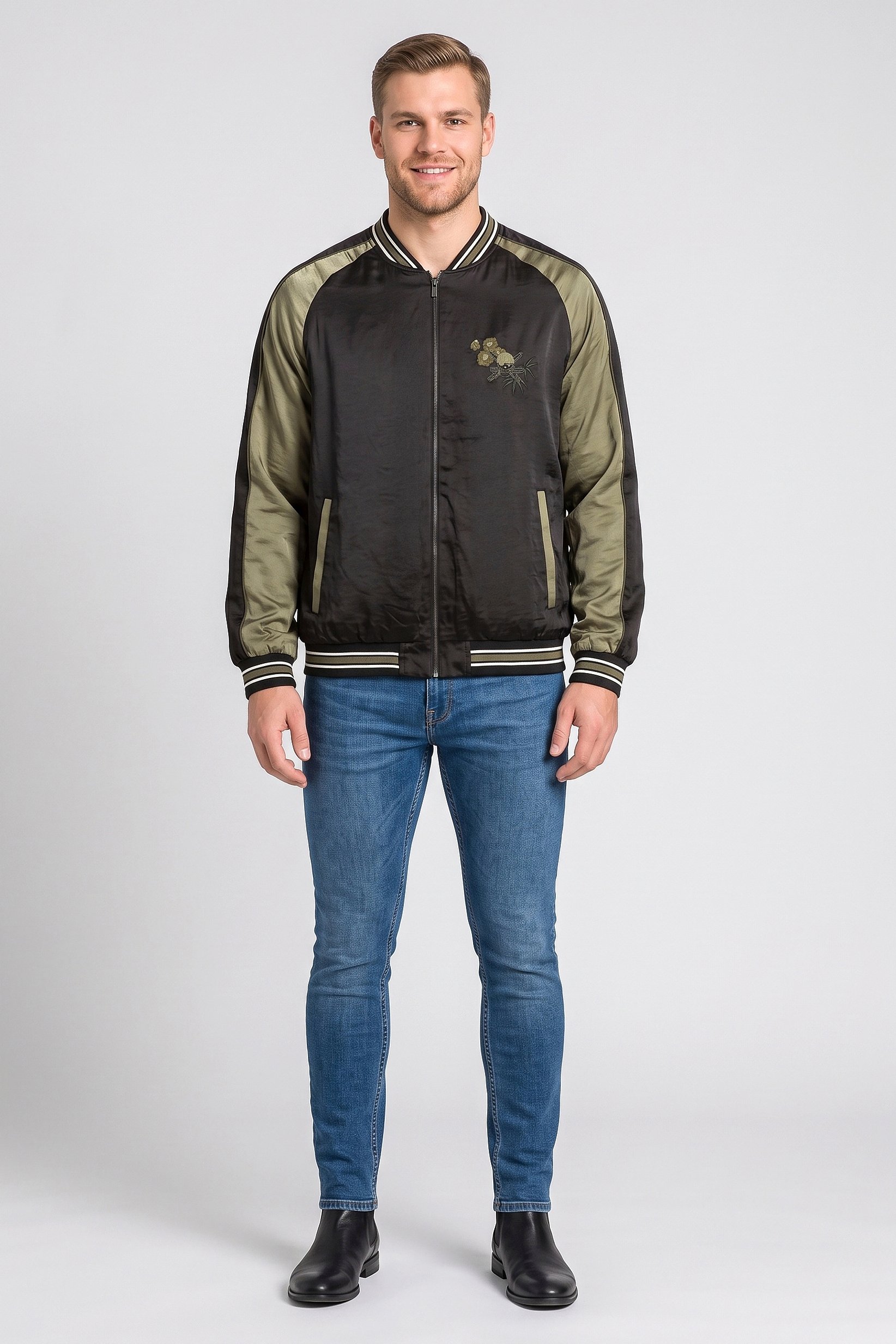 One Piece Men Embroidered Bomber Jacket, Black