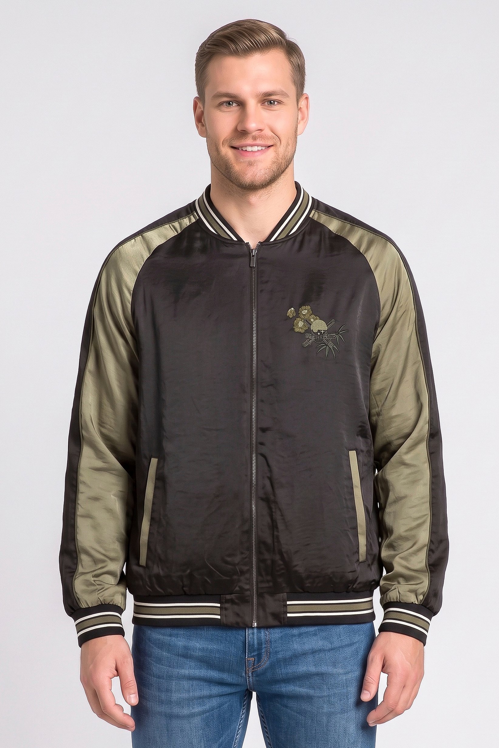 One Piece Men Embroidered Bomber Jacket, Black