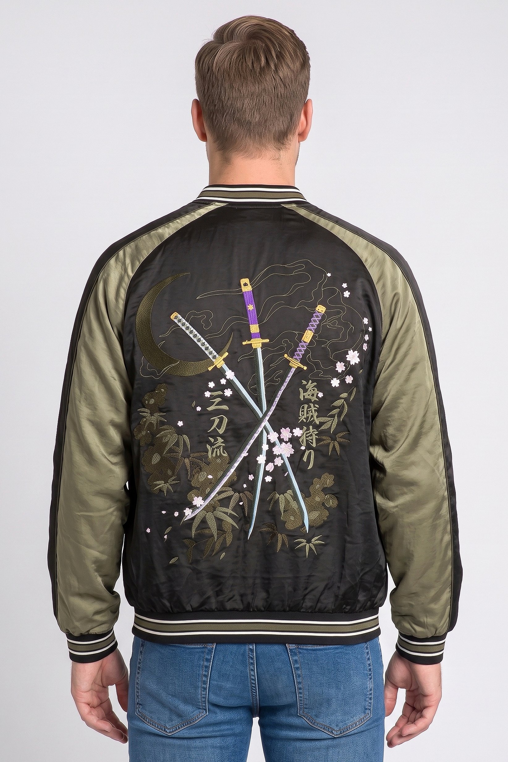 One Piece Men Embroidered Bomber Jacket, Black