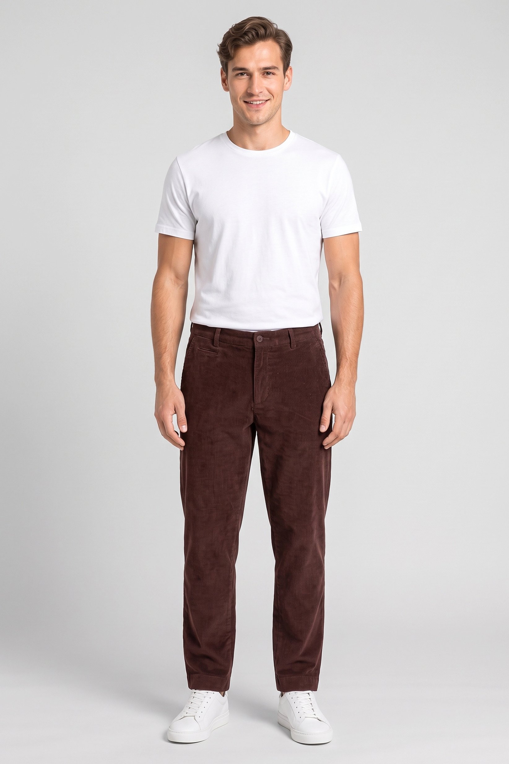 Men Straight Fit  Textured Corduroy Pants, Brown