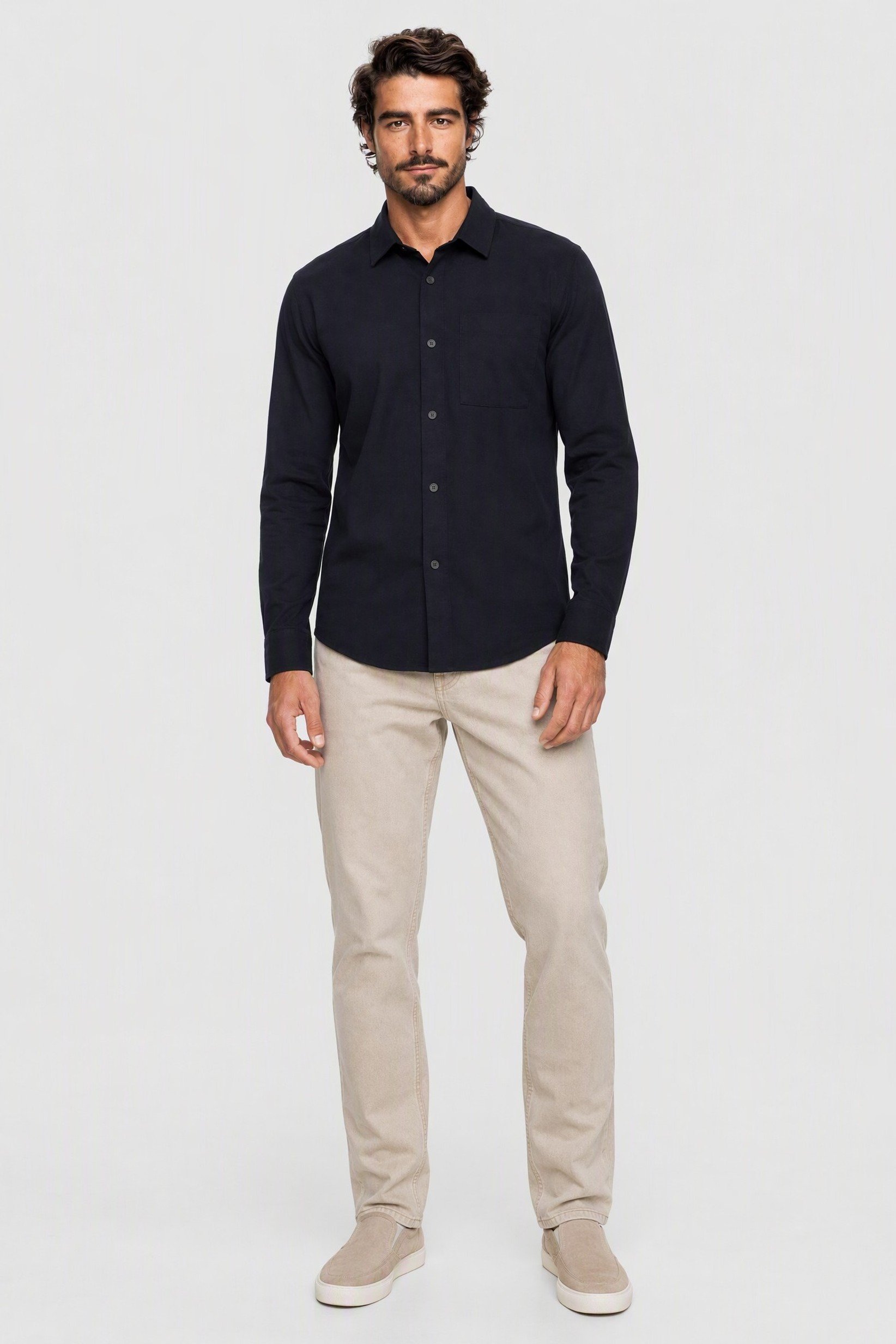 Men Loose Fit Long Sleeve Solid Casual Shirt, Dark Navy