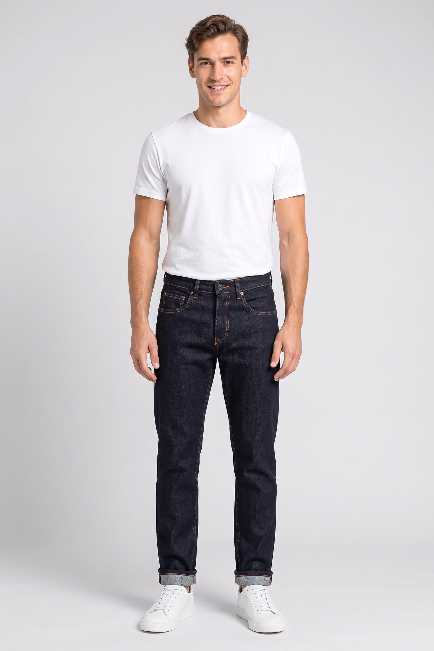 Men Straight Fit Solid Stretchable Jeans, Dark Navy