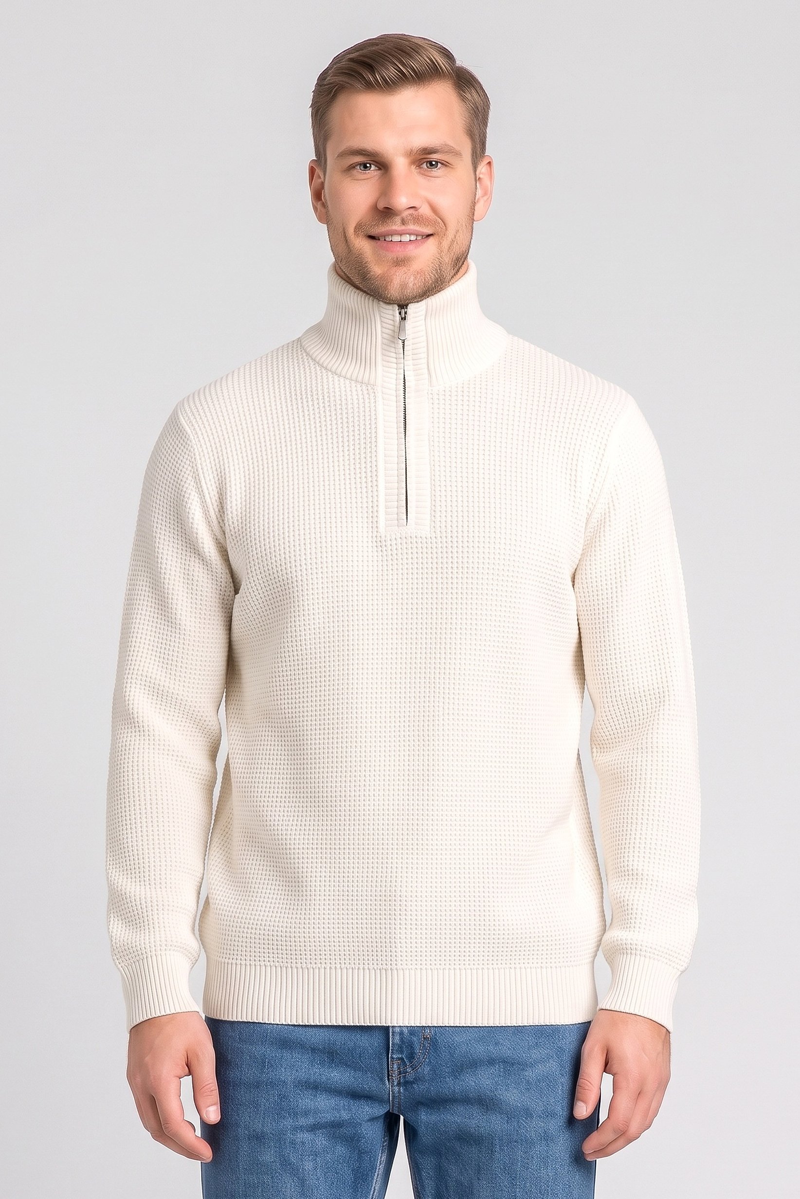 Men Turtle Neck Textured Sweater, Off White