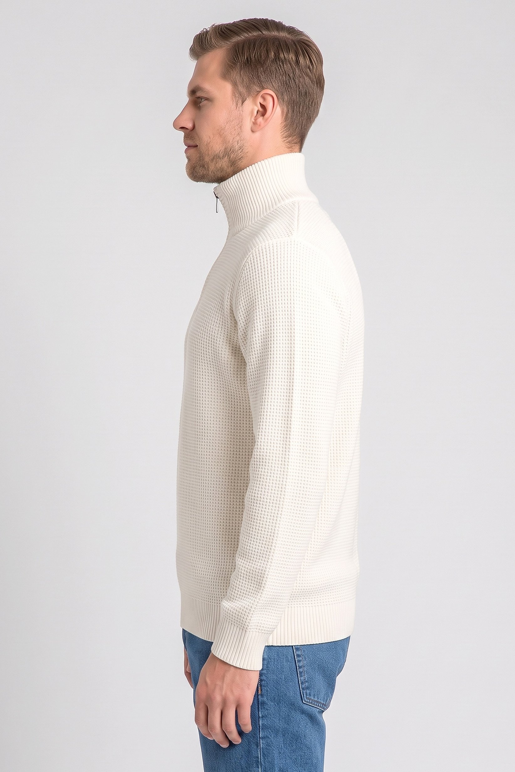 Men Turtle Neck Textured Sweater, Off White