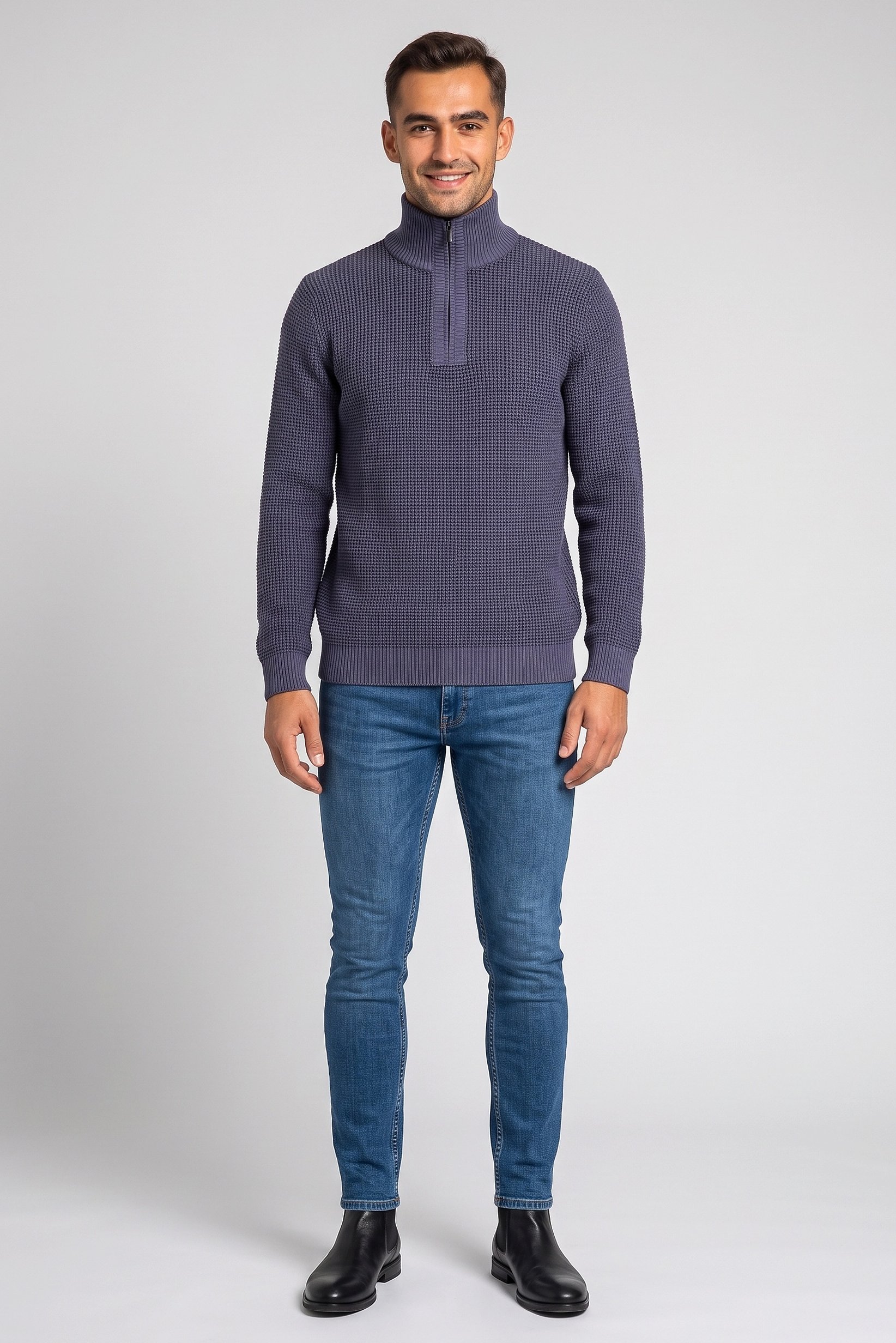 Men Turtle Neck Crochet Sweater, Slate Grey