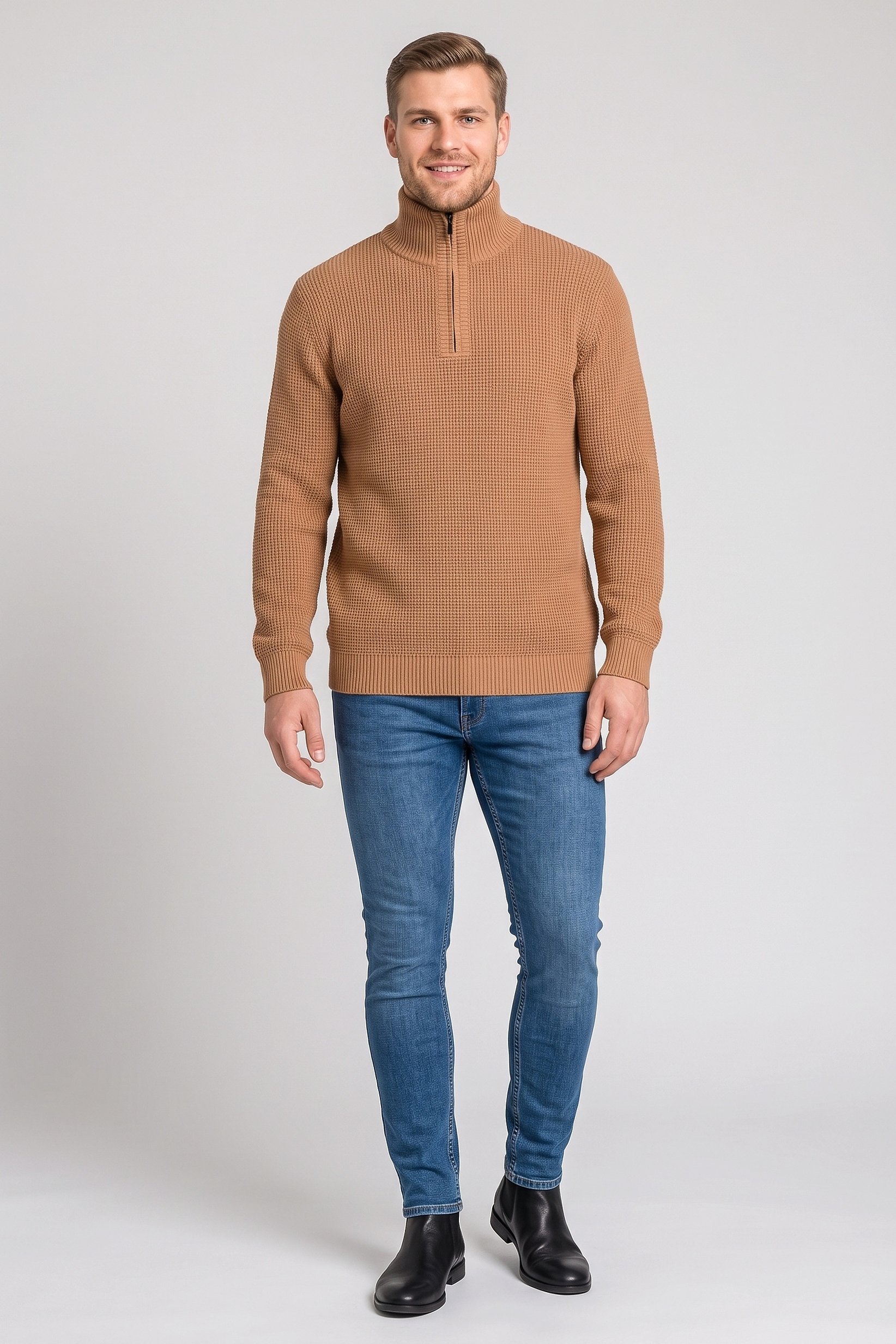 Men Turtle Neck Textured Sweater, Tan