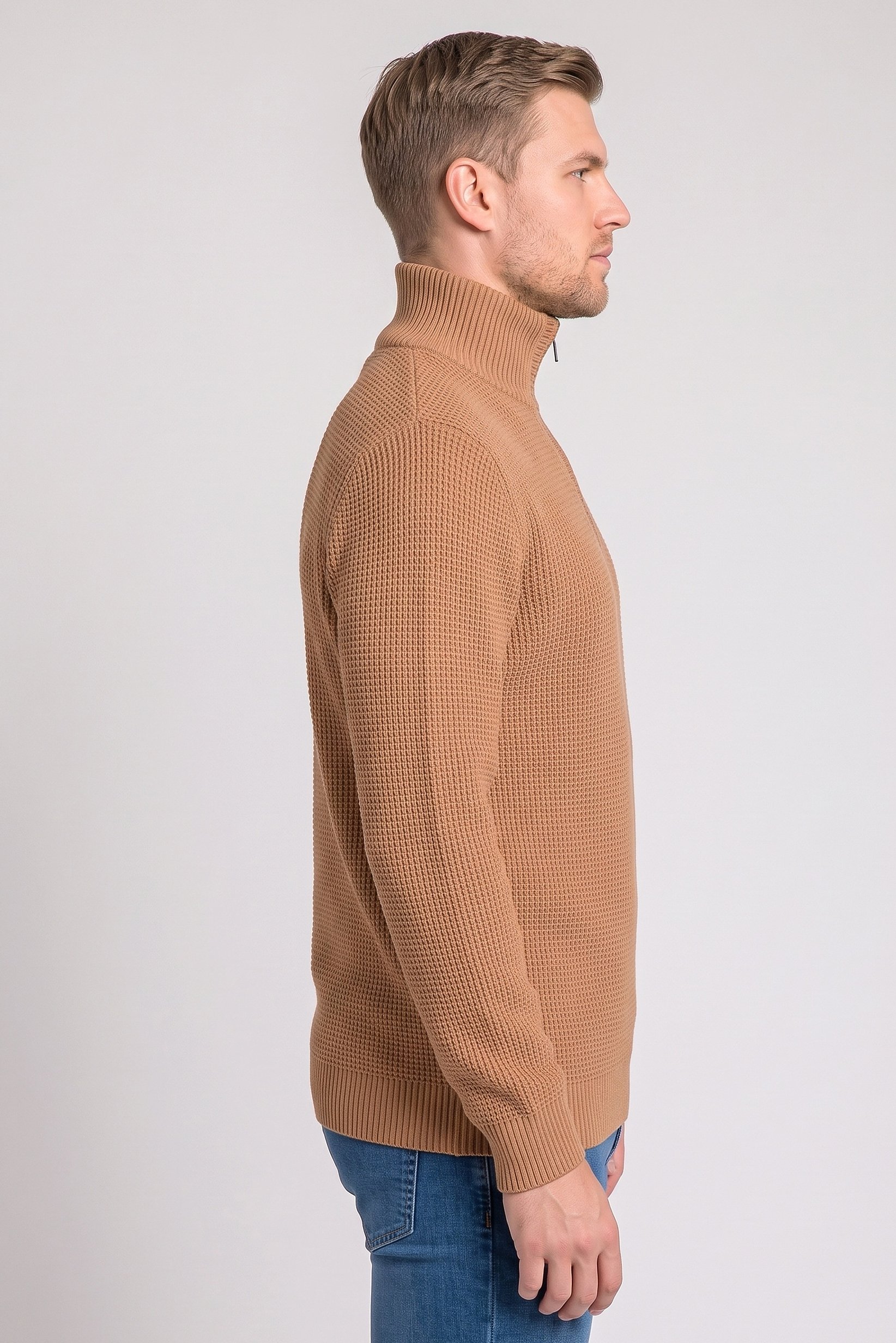 Men Turtle Neck Textured Sweater, Tan