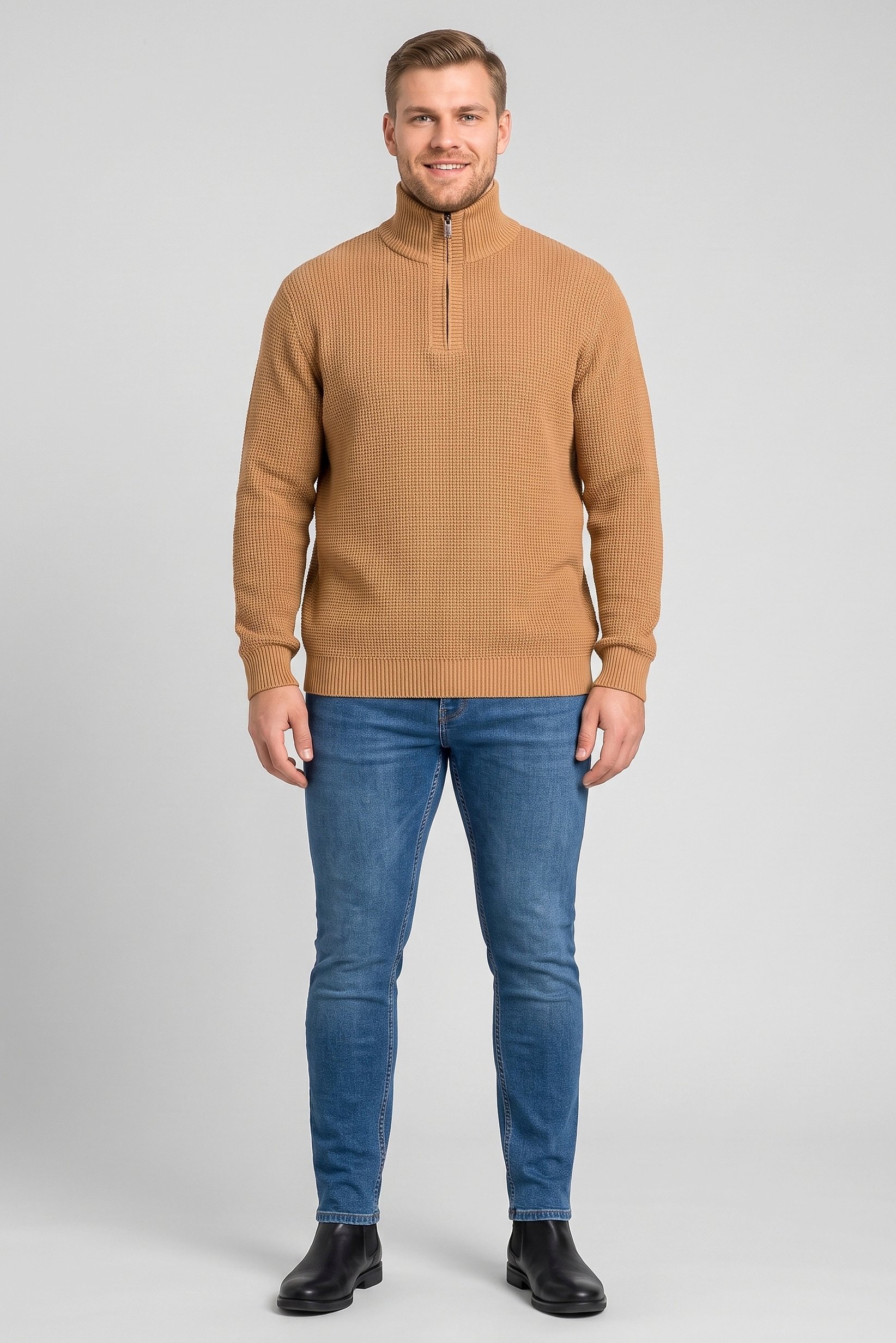 Men Turtle Neck Textured Sweater, Tan