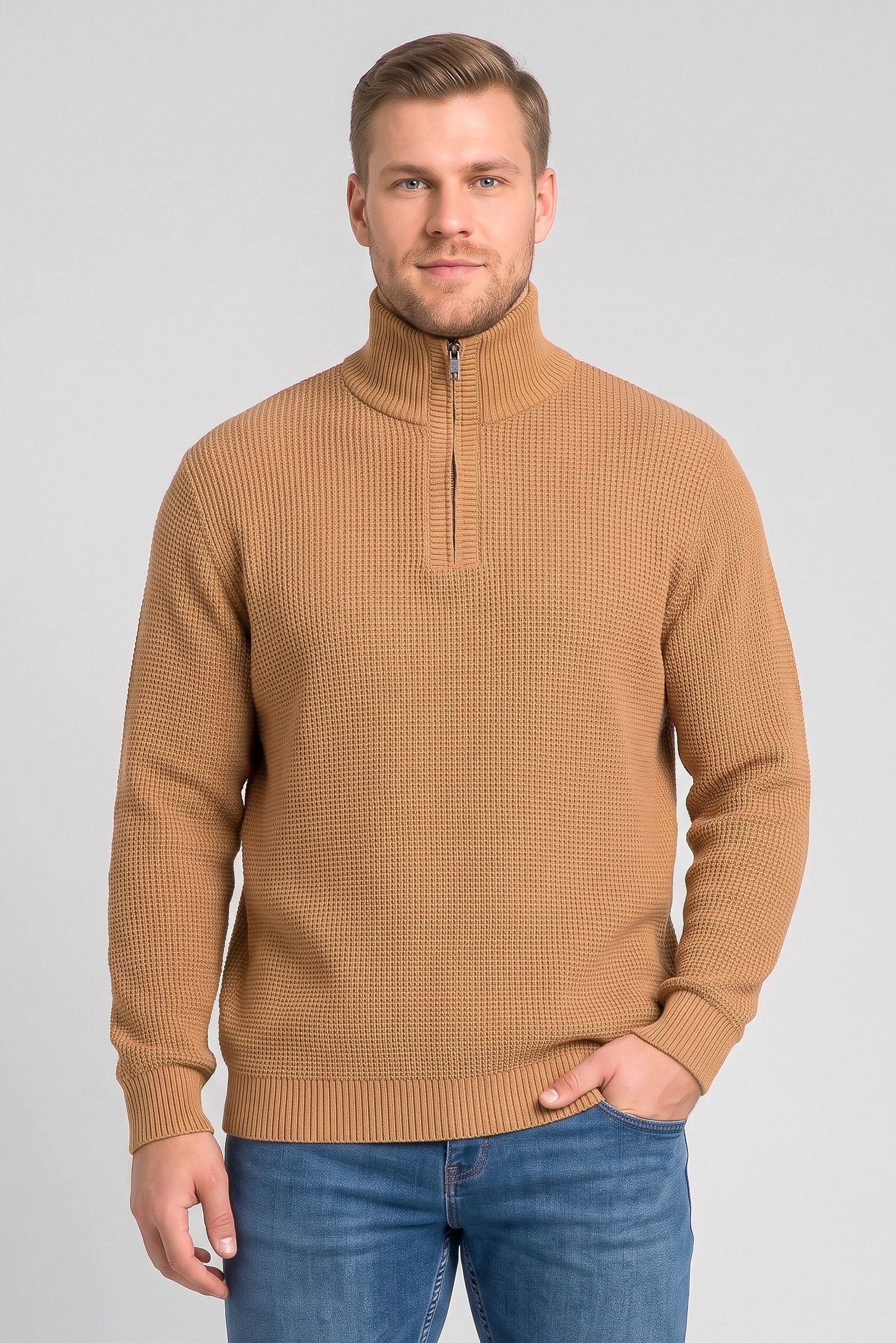Men Turtle Neck Textured Sweater, Tan