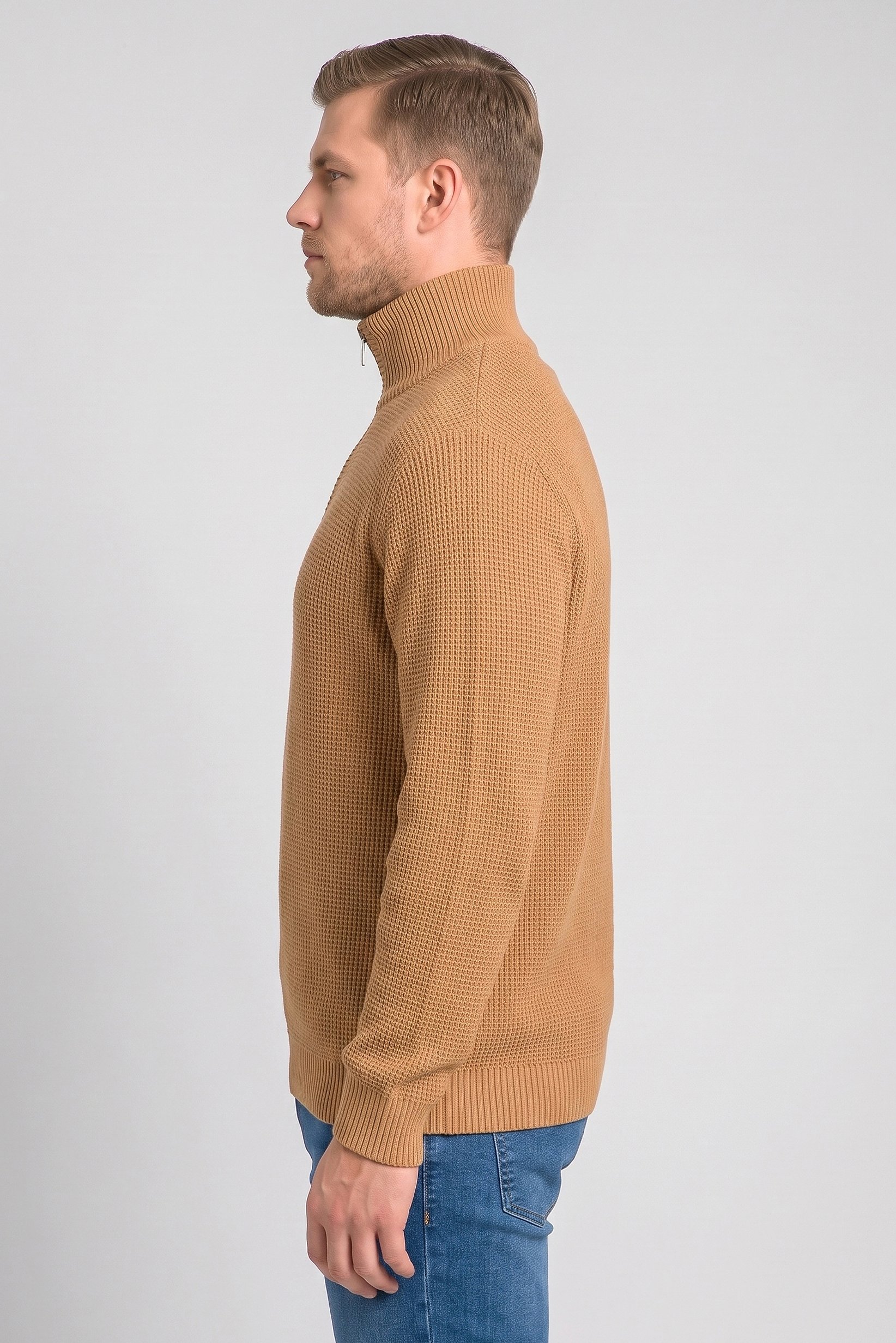 Men Turtle Neck Textured Sweater, Tan