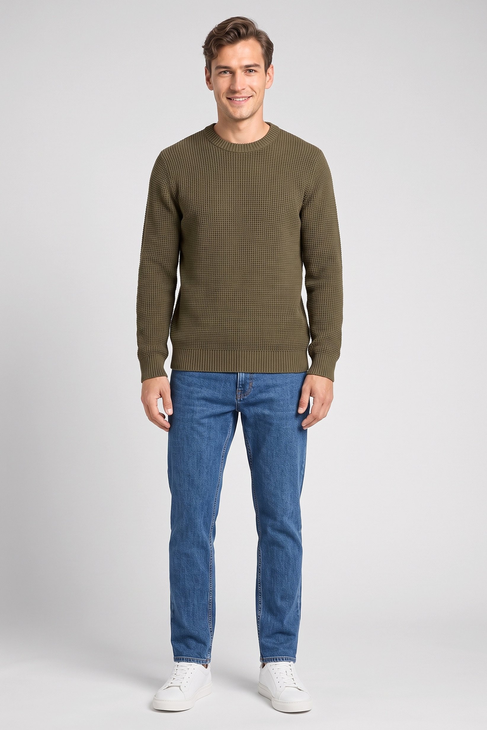 Men Crew neck Waffle Sweather, Olive
