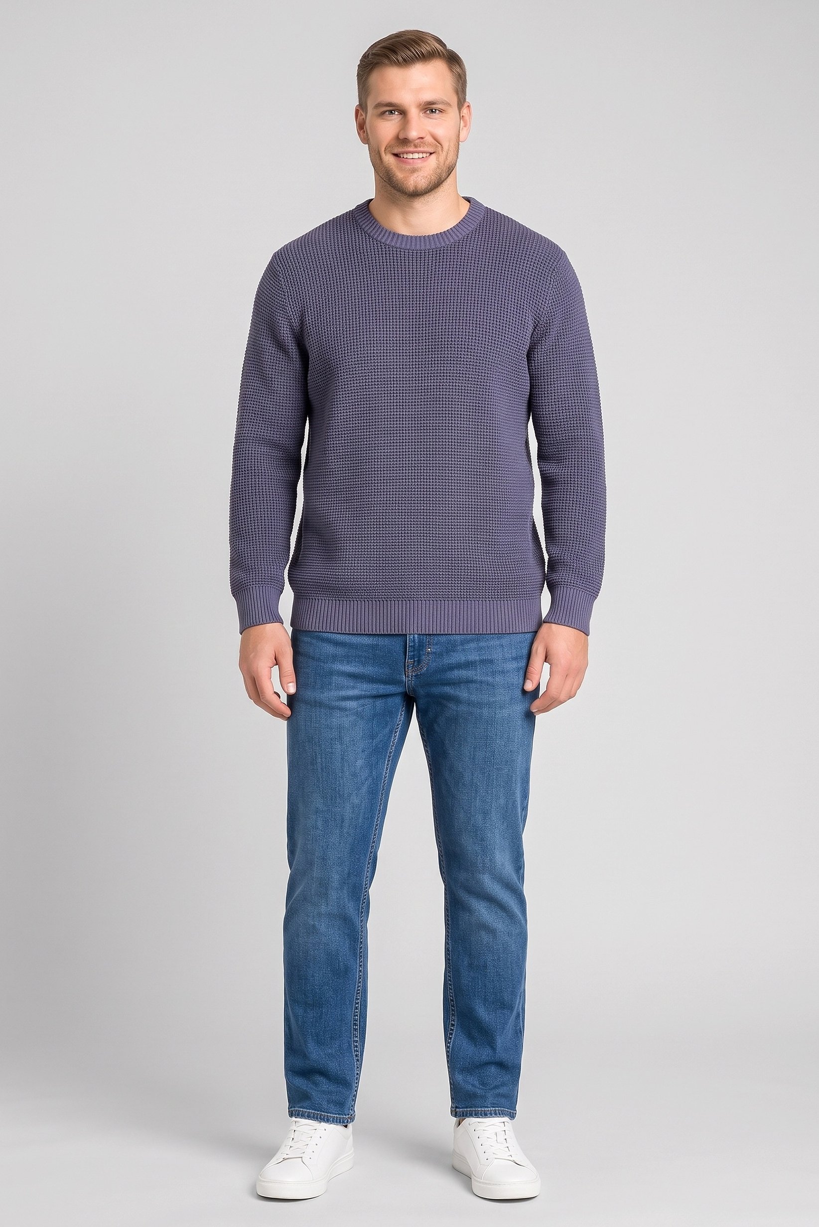 Men Crew Neck Textured Sweater, Light Navy