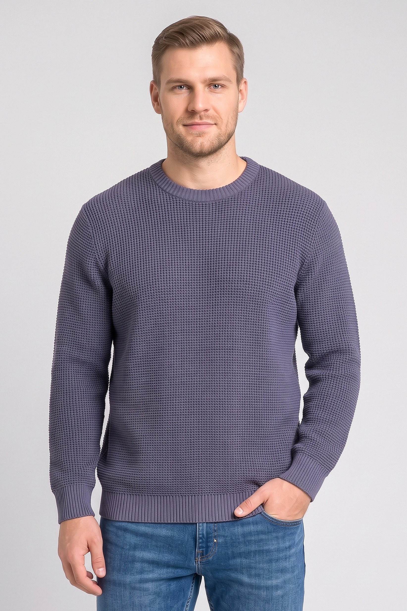 Men Crew Neck Textured Sweater, Light Navy