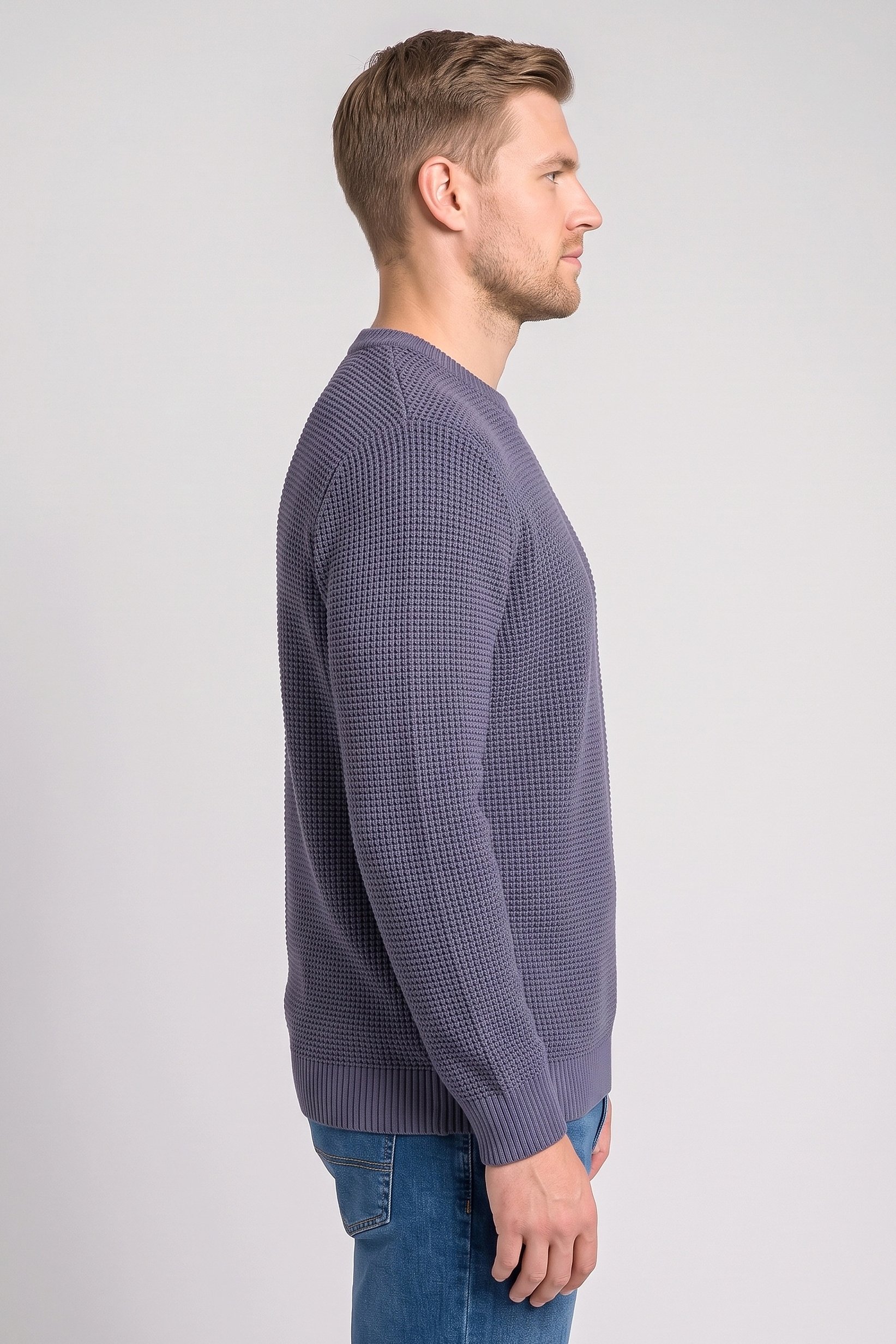 Men Crew Neck Textured Sweater, Light Navy