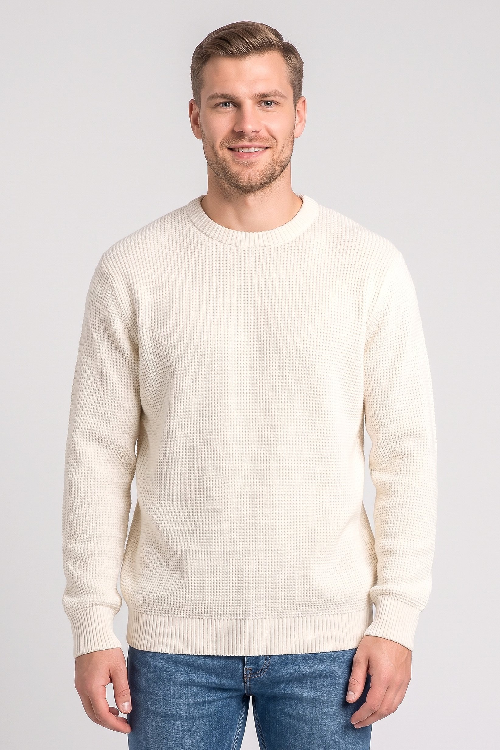 Men Crew Neck Crochet Sweater, Beige