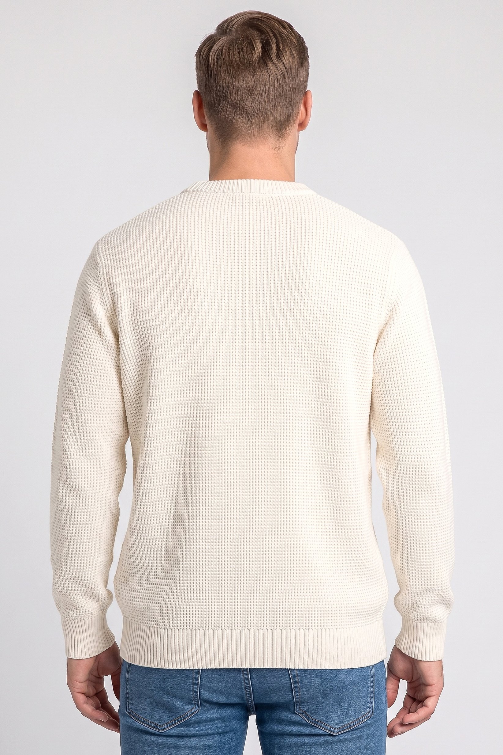 Men Crew Neck Crochet Sweater, Beige