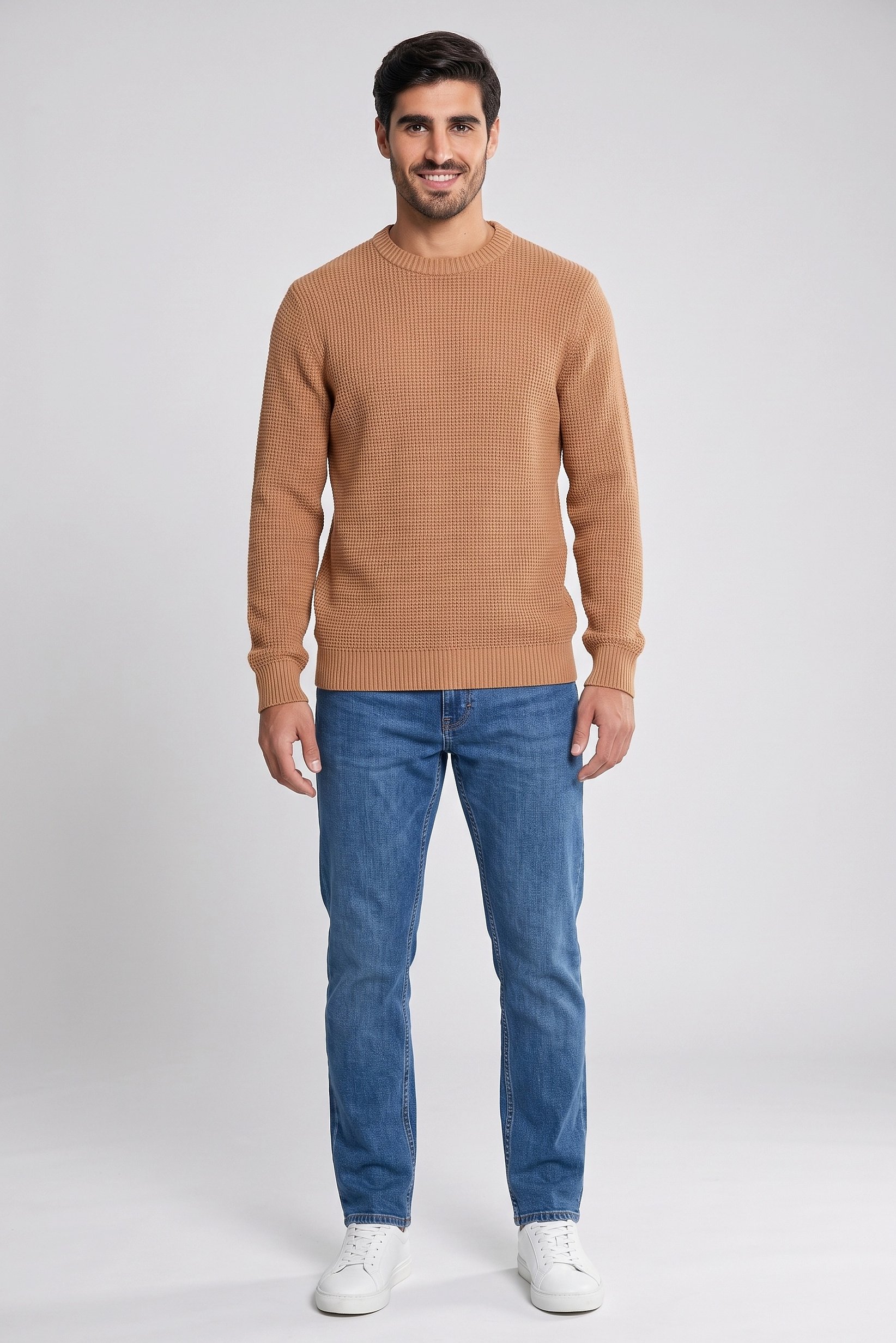 Men Crew Neck Textured Sweater, Tan