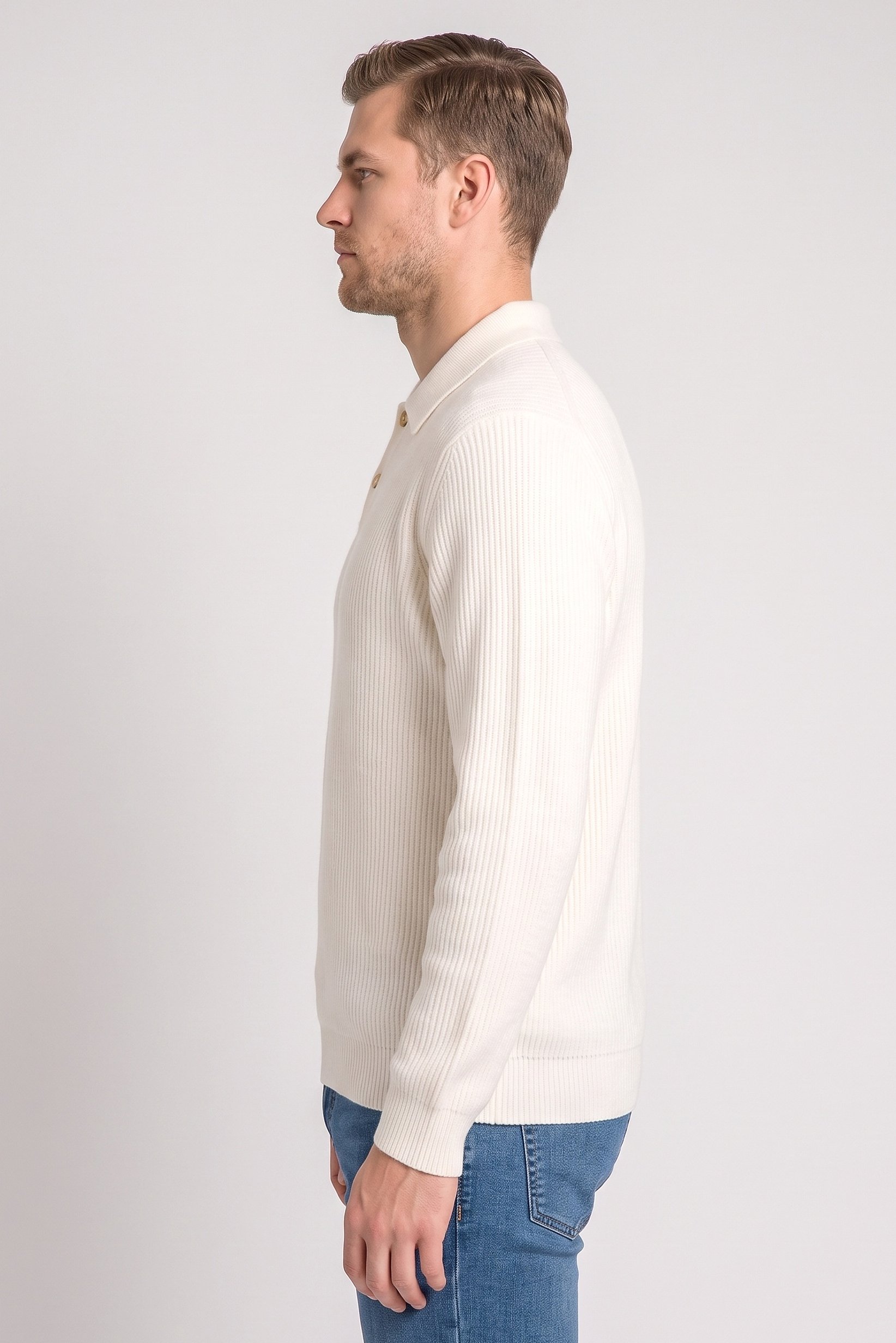 Men Spread Collar Textured Sweater, Cream