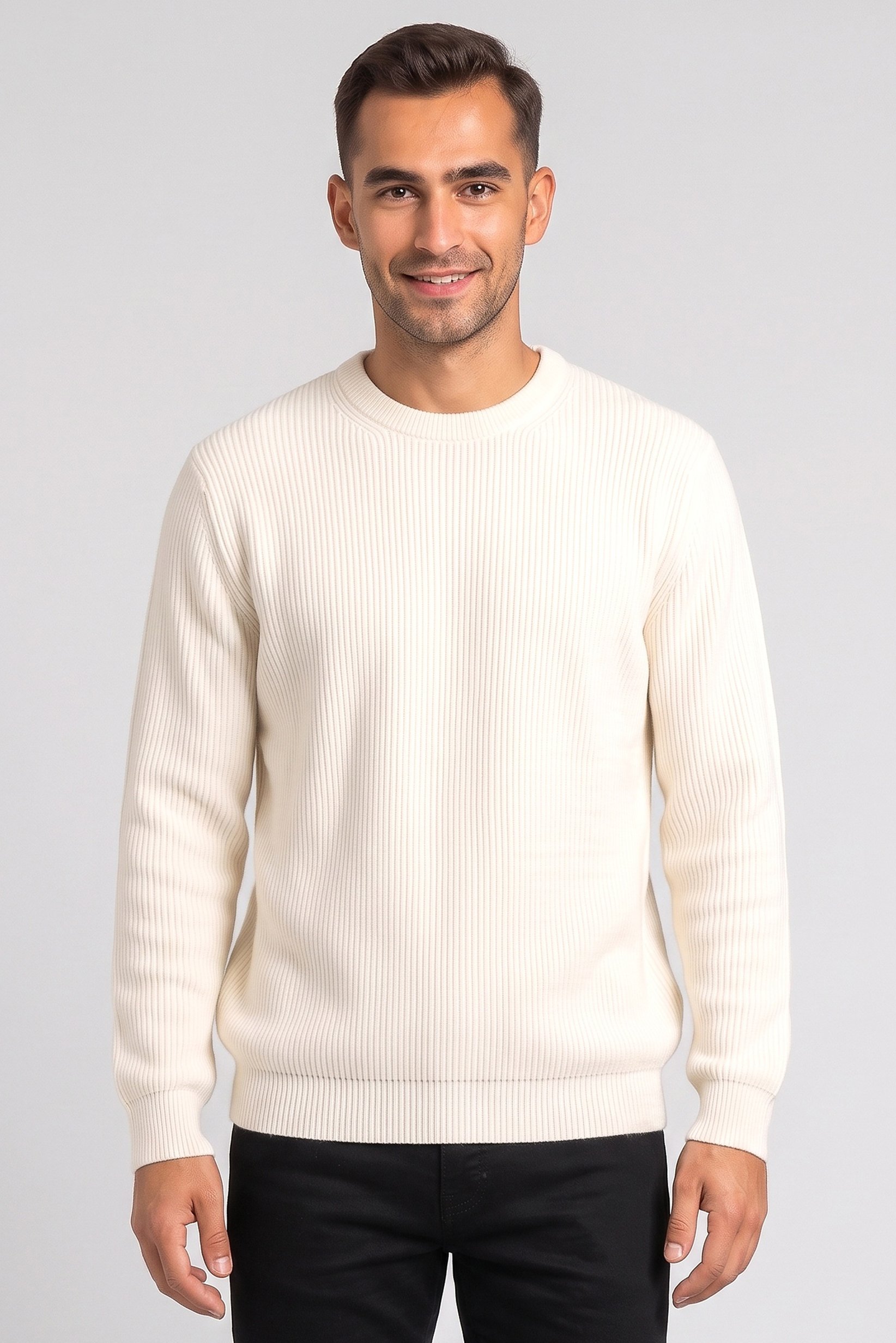 Men Crew Neck Textured Sweater, Off White
