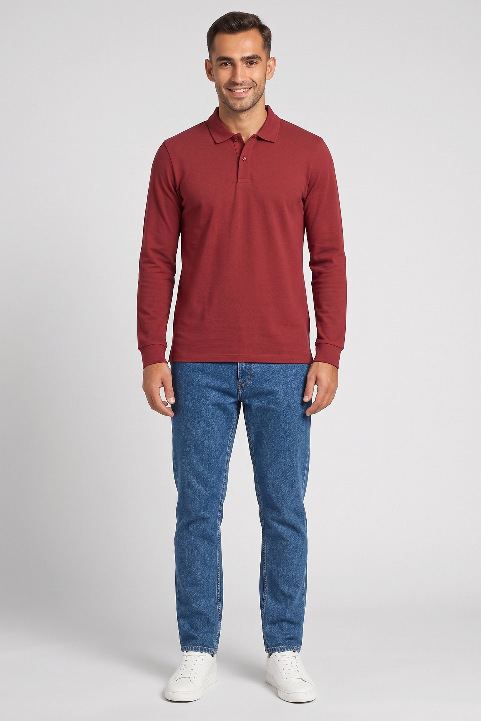 Men Regular Fit Solid Long Sleeve Polo Shirt, Maroon