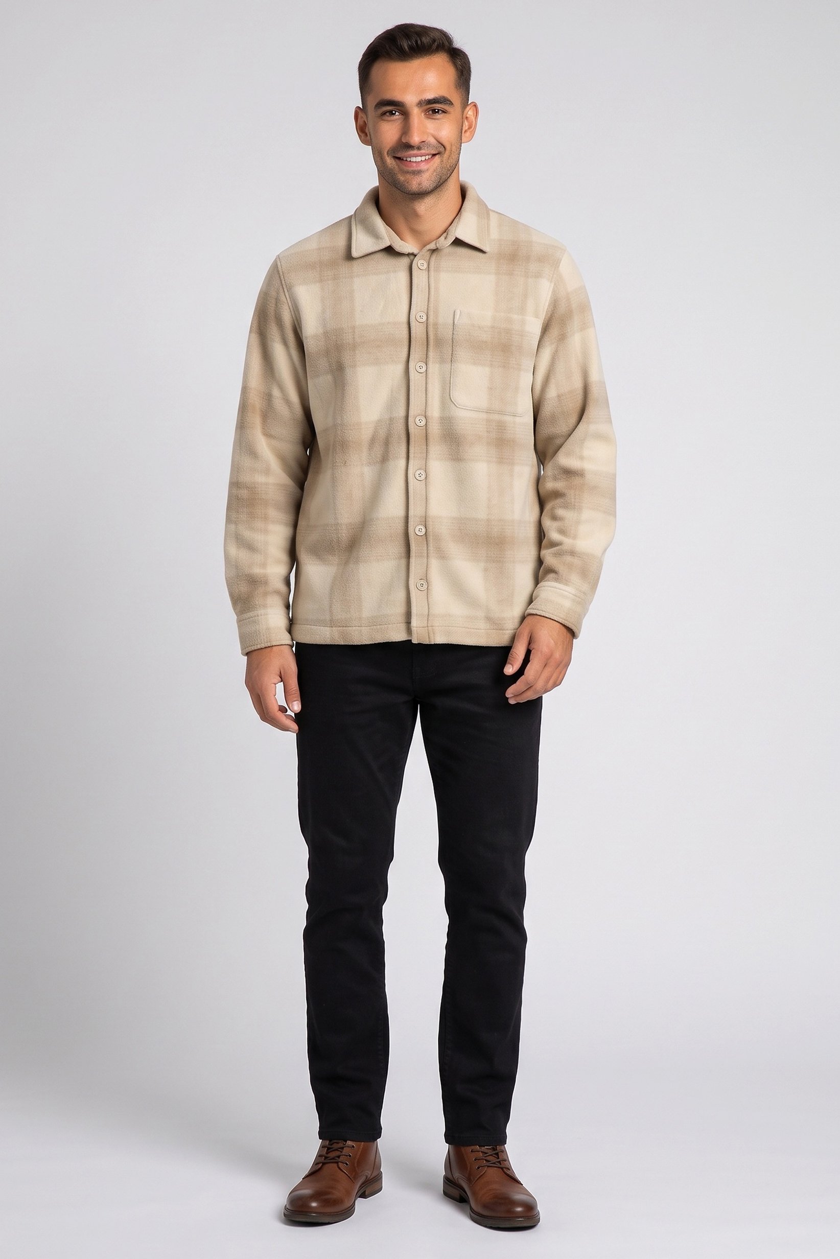 Men Plaid Long Sleeve Jacket Shirt, Beige
