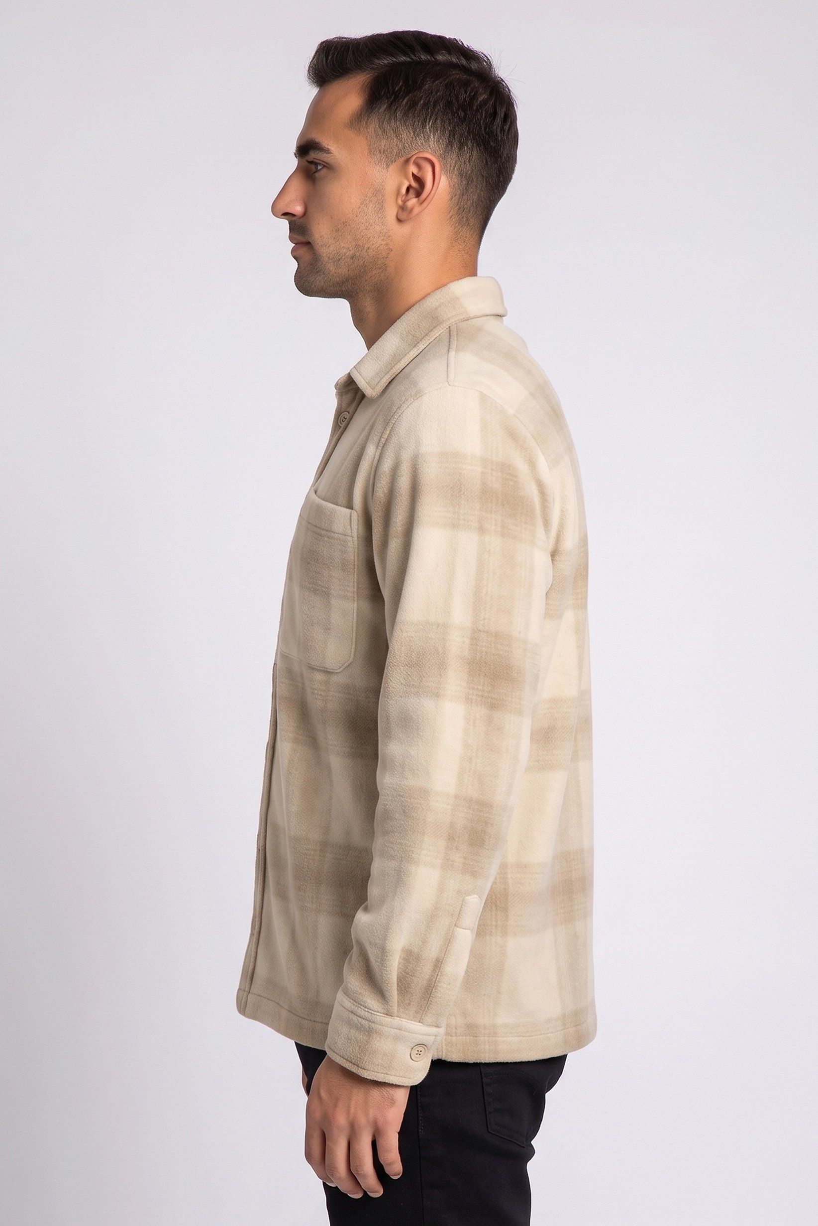 Men Plaid Long Sleeve Jacket Shirt, Beige