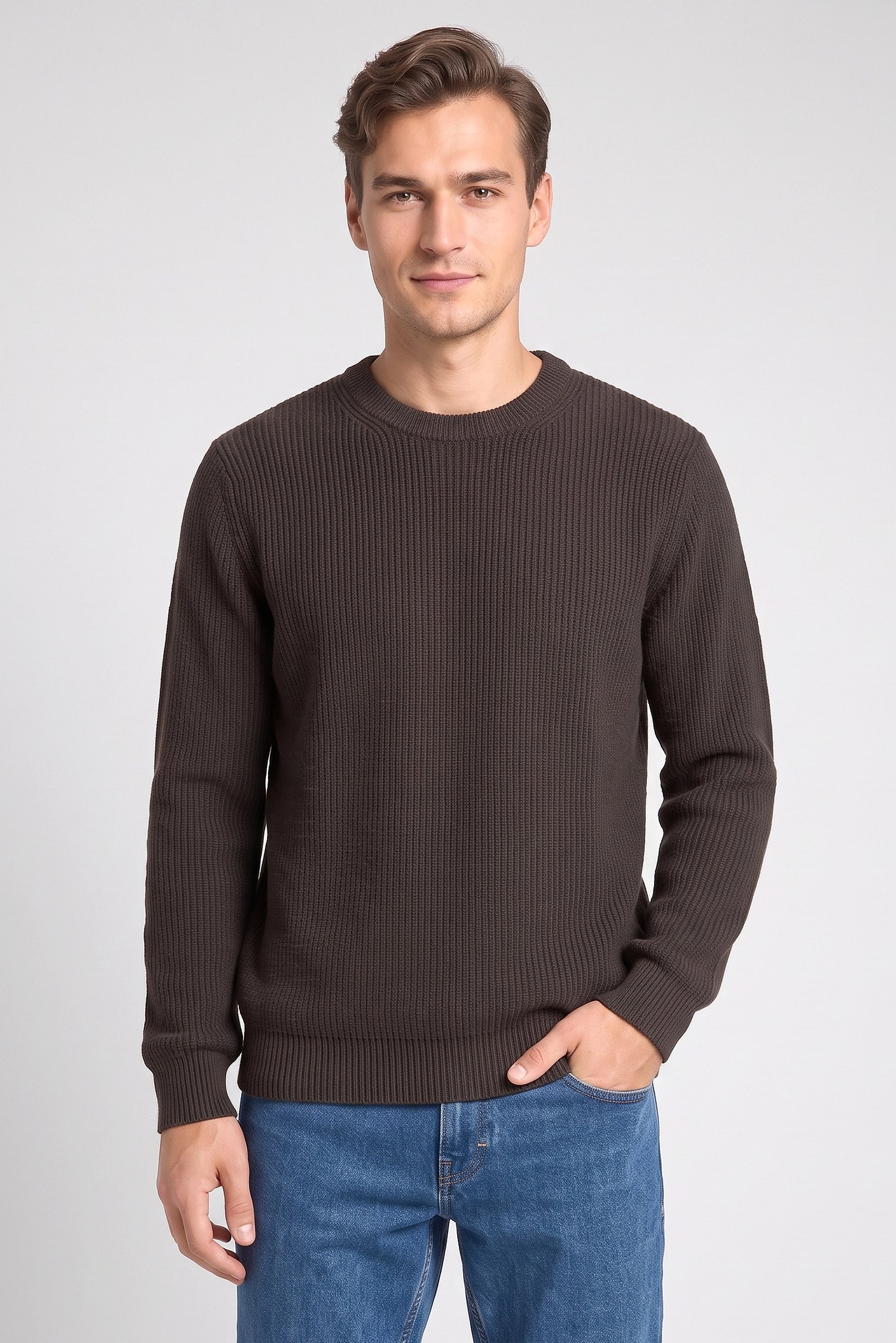 Men Crew Neck Knitted Sweater, Charcoal Grey