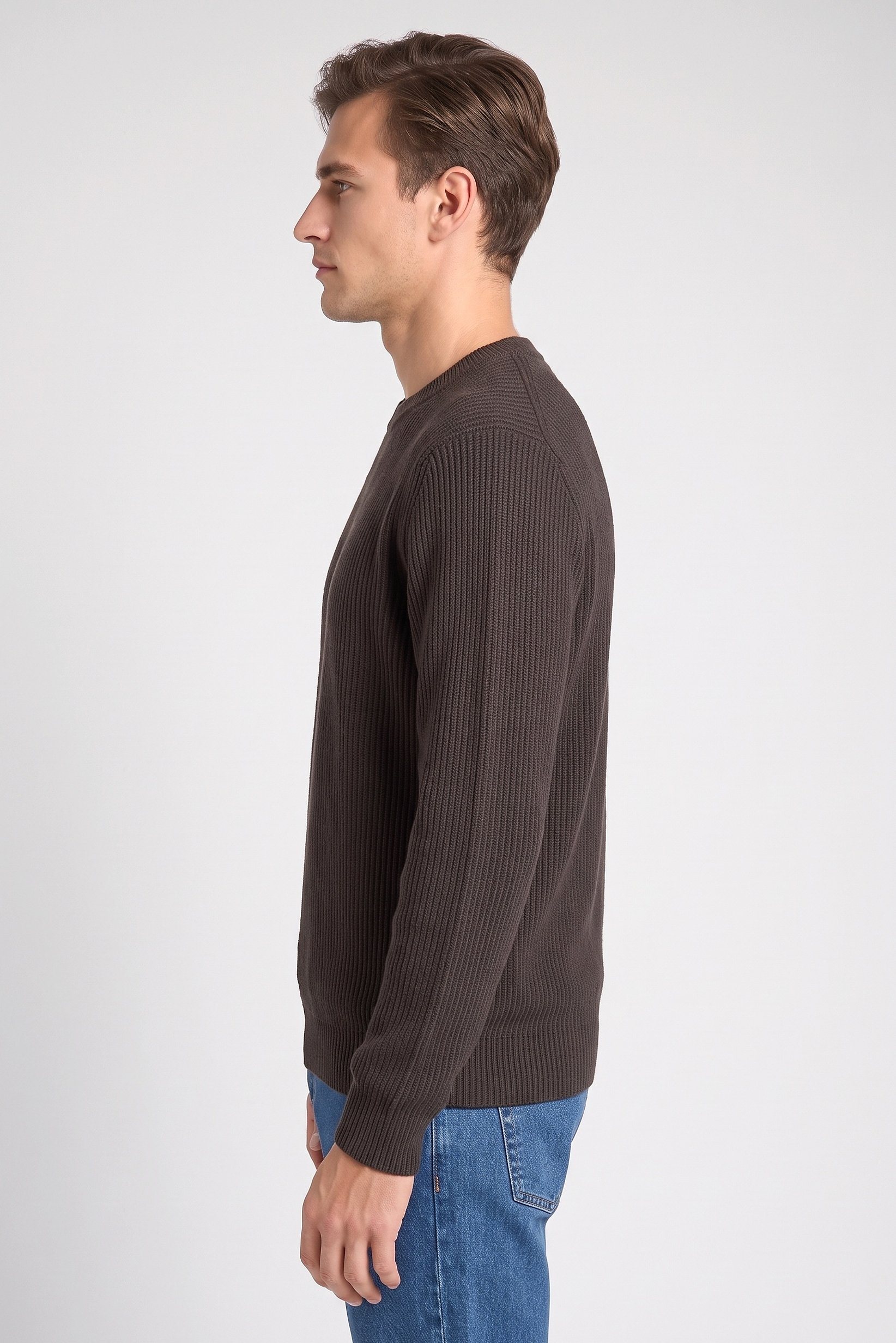 Men Crew Neck Knitted Sweater, Charcoal Grey