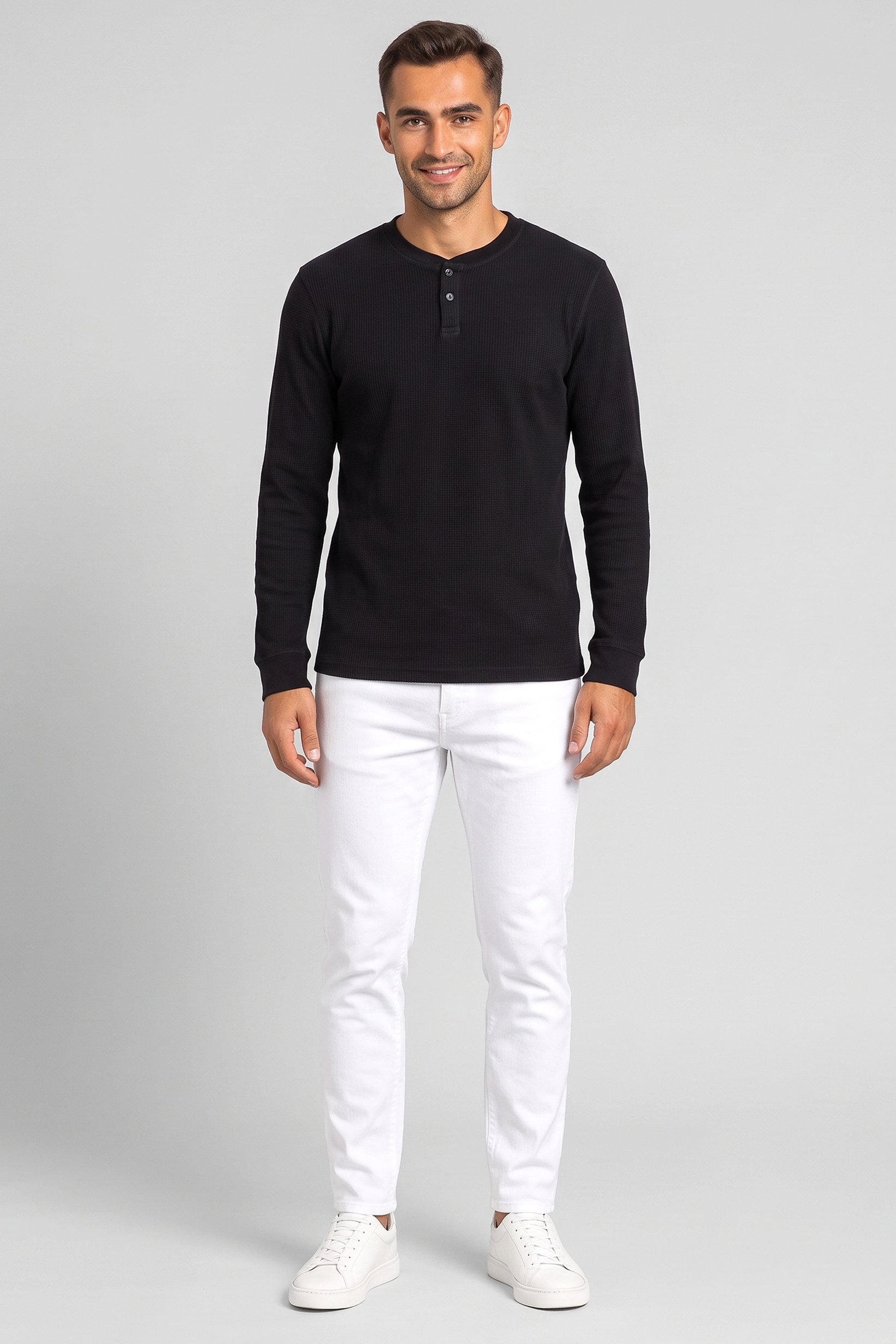 Men Henley Neck Long Sleeves Textured T-Shirt, Black