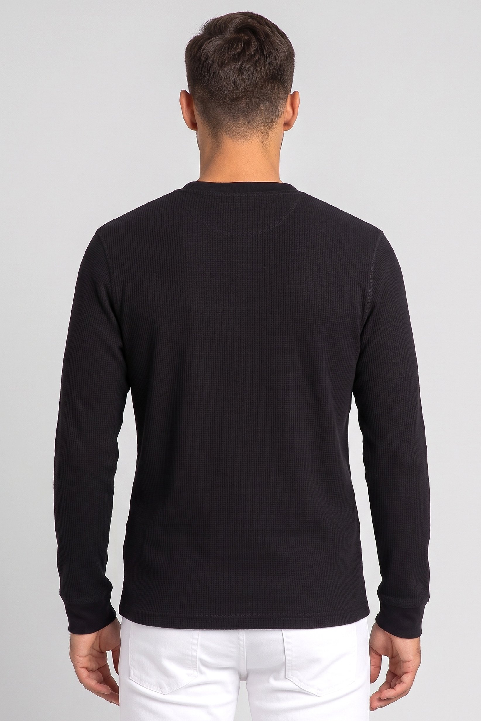 Men Henley Neck Long Sleeves Textured T-Shirt, Black