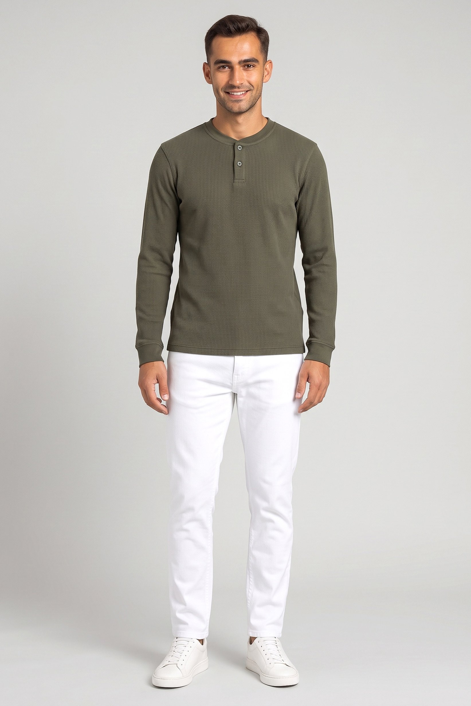 Men Henley Neck Long Sleeves Textured T-Shirt, Green