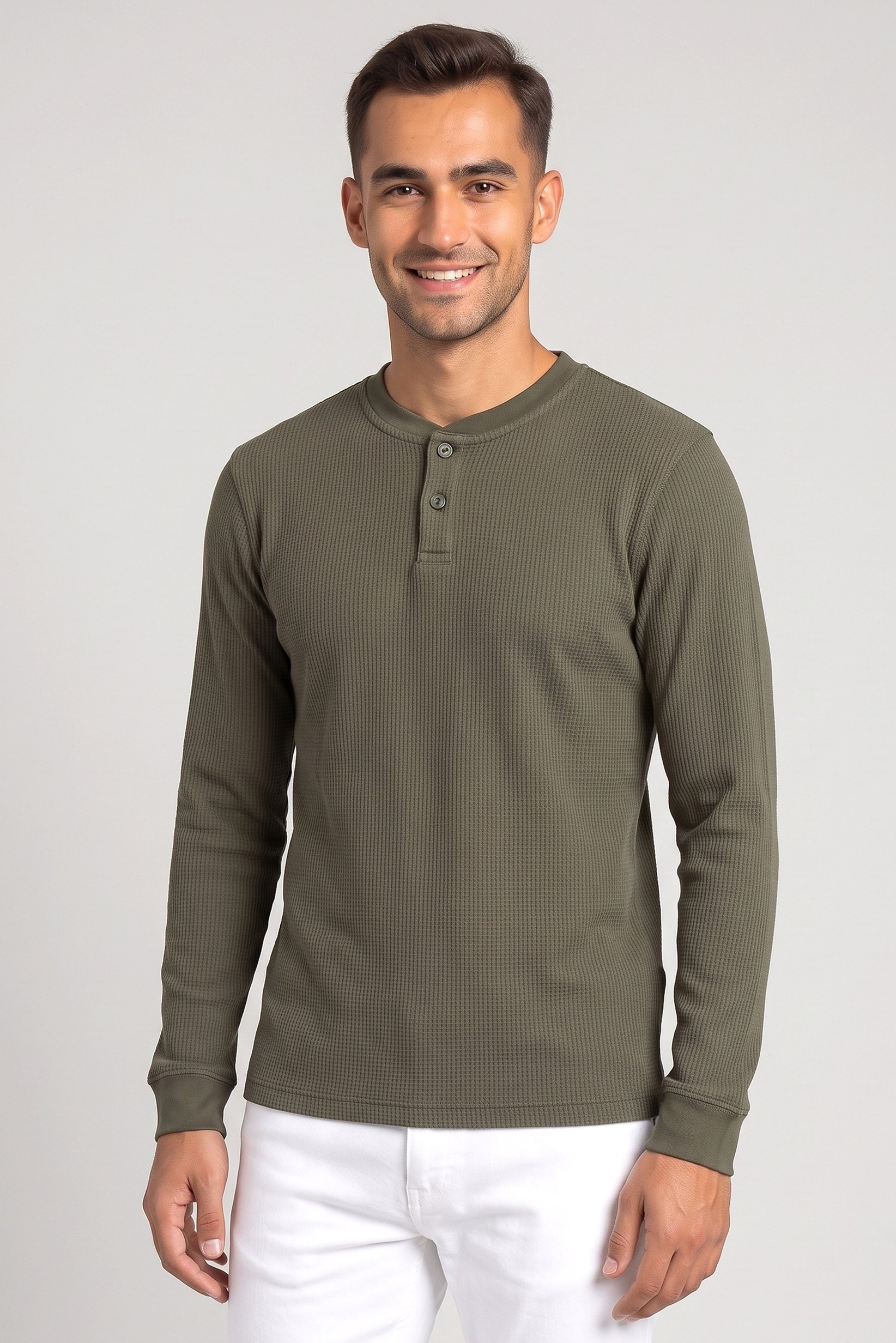 Men Henley Neck Long Sleeves Textured T-Shirt, Green