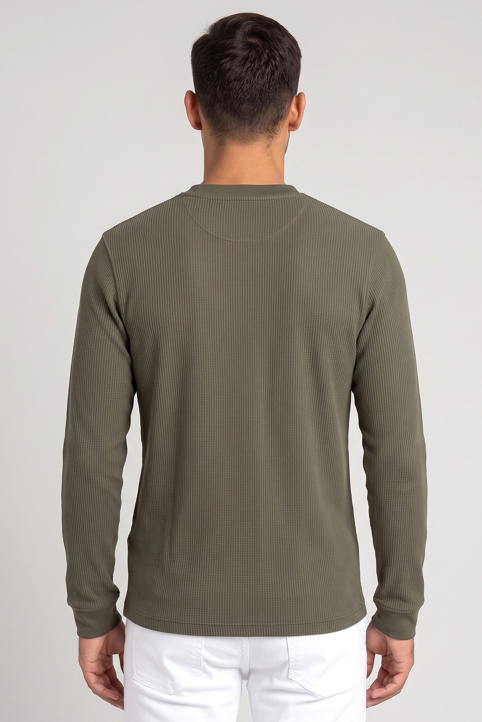 Men Henley Neck Long Sleeves Textured T-Shirt, Green