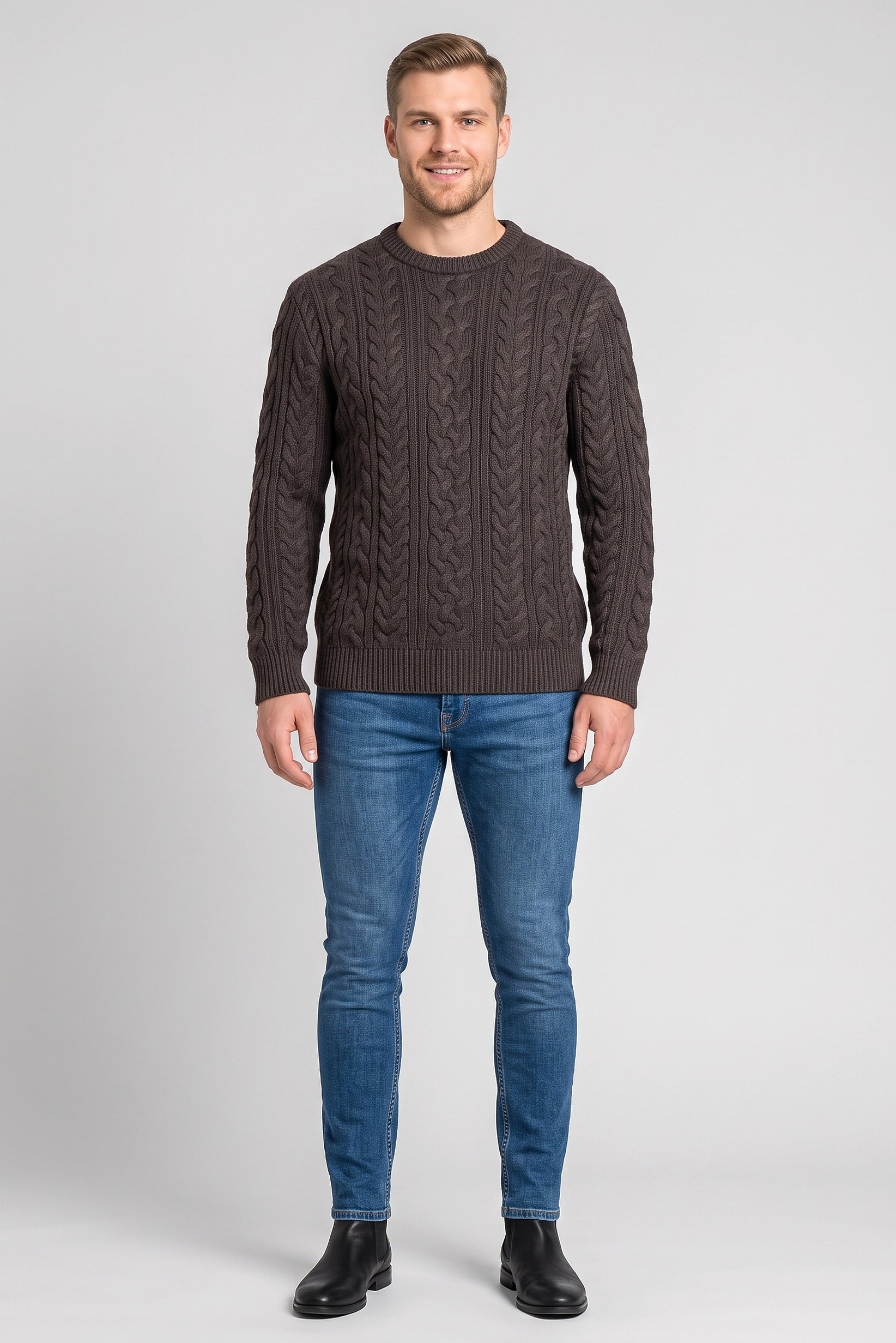 Men Crew Neck Cable Knit Sweater, Dark Grey