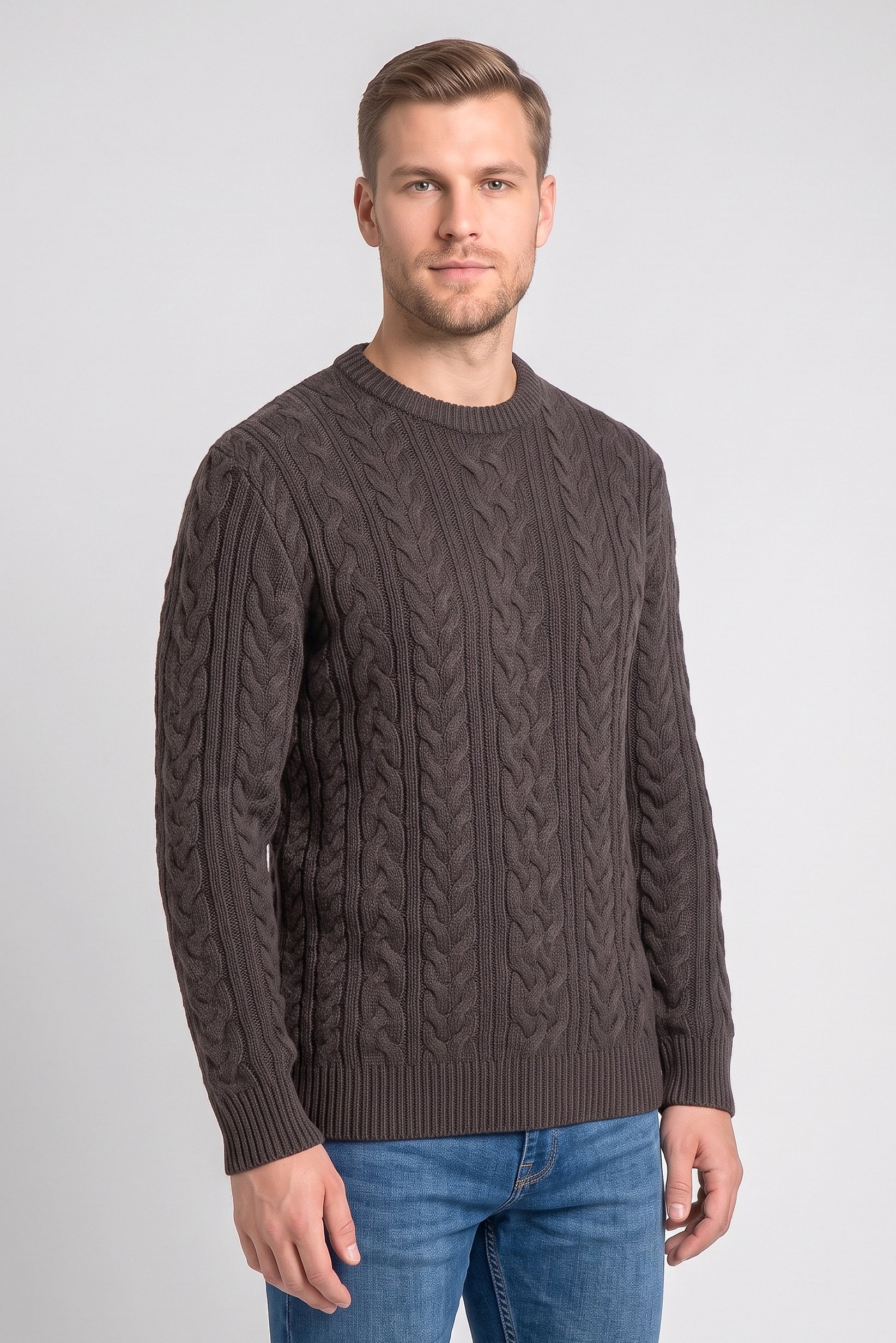Men Crew Neck Cable Knit Sweater, Dark Grey
