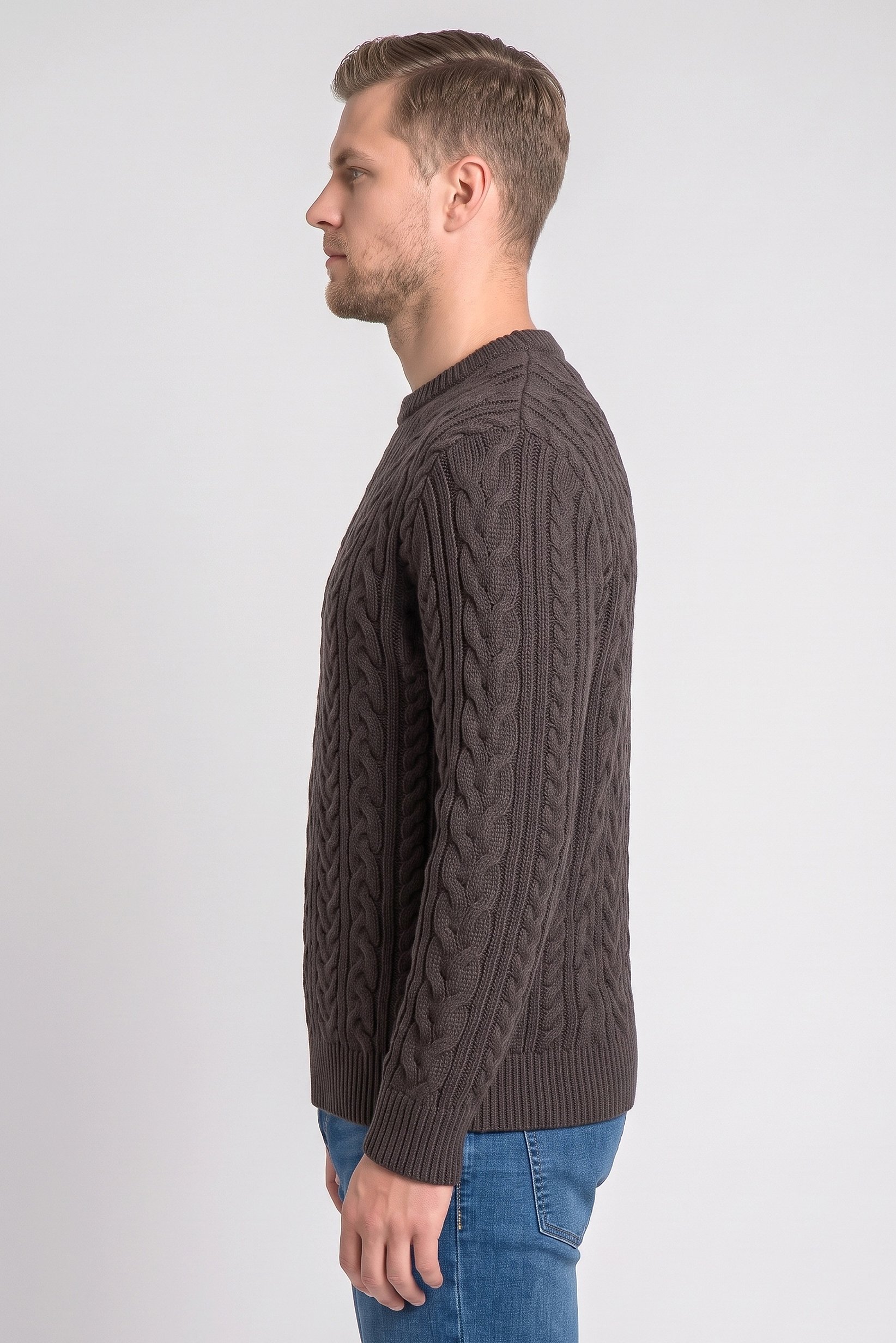 Men Crew Neck Cable Knit Sweater, Dark Grey