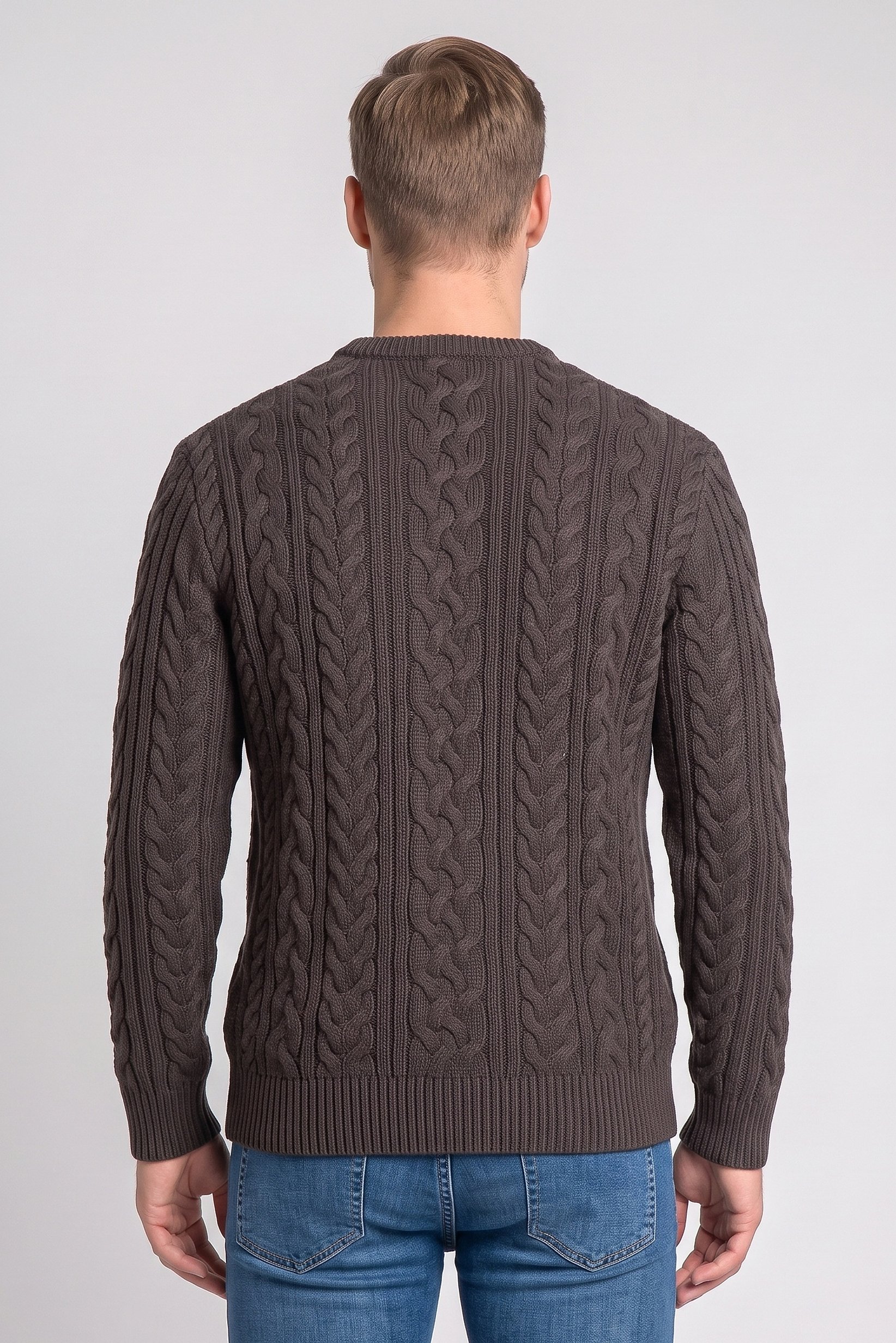 Men Crew Neck Cable Knit Sweater, Dark Grey