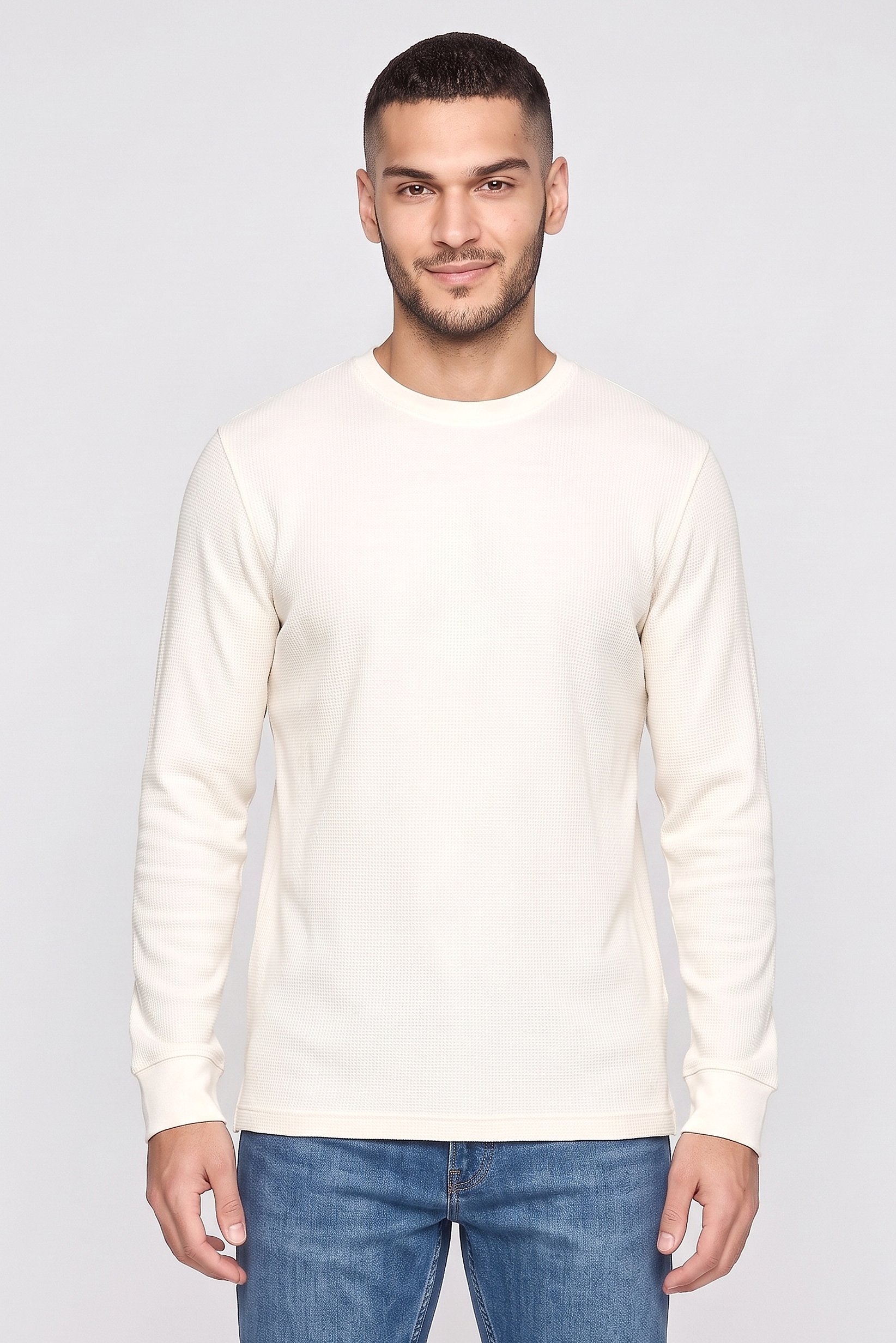 Men Crew Neck Long Sleeve Textured T-Shirt, Ivory