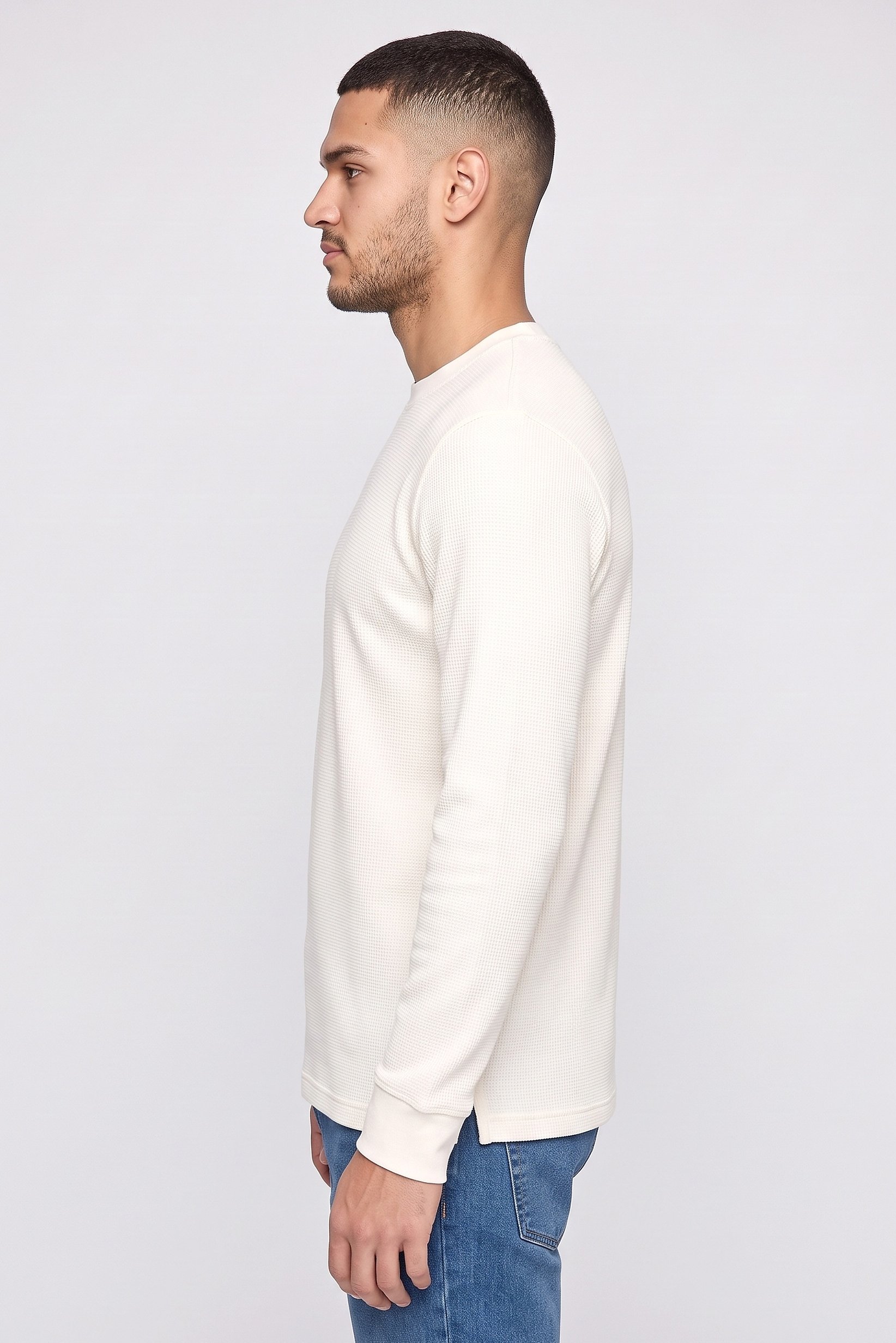Men Crew Neck Long Sleeve Textured T-Shirt, Ivory
