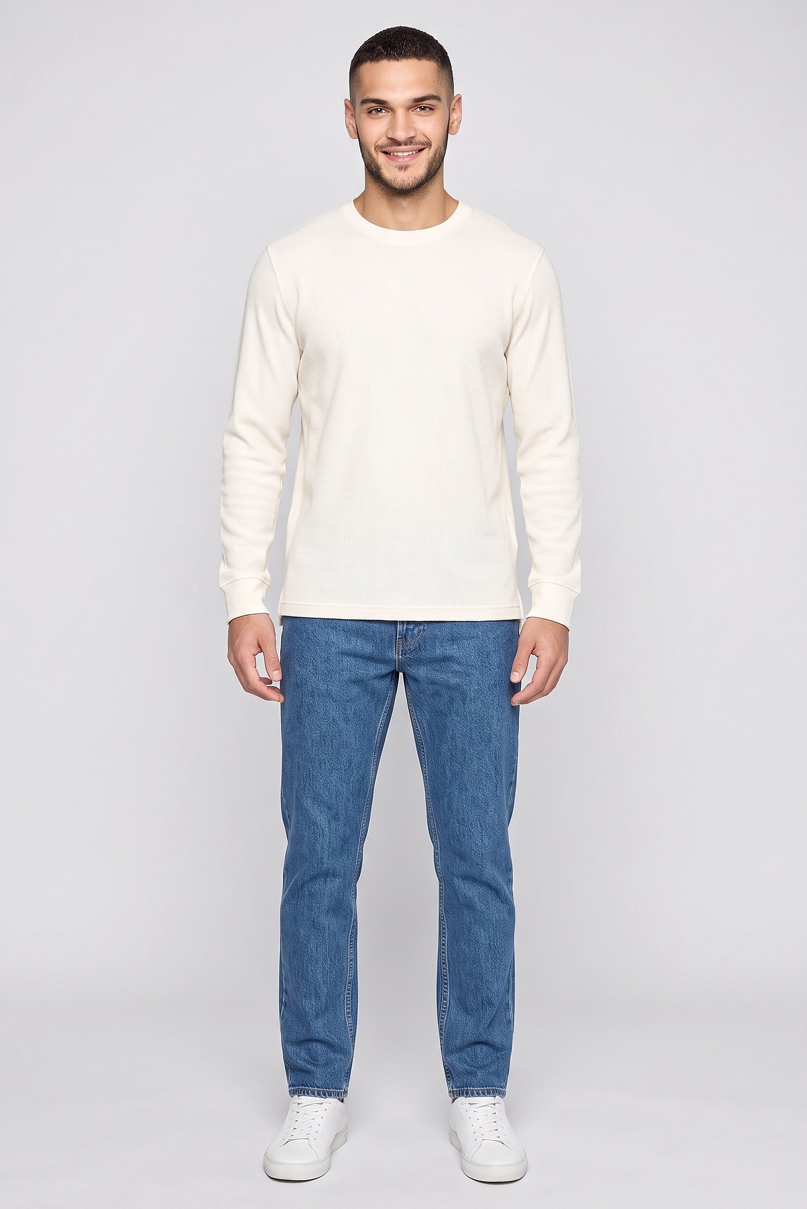 Men Crew Neck Long Sleeve Textured Sweatshirt, Off White