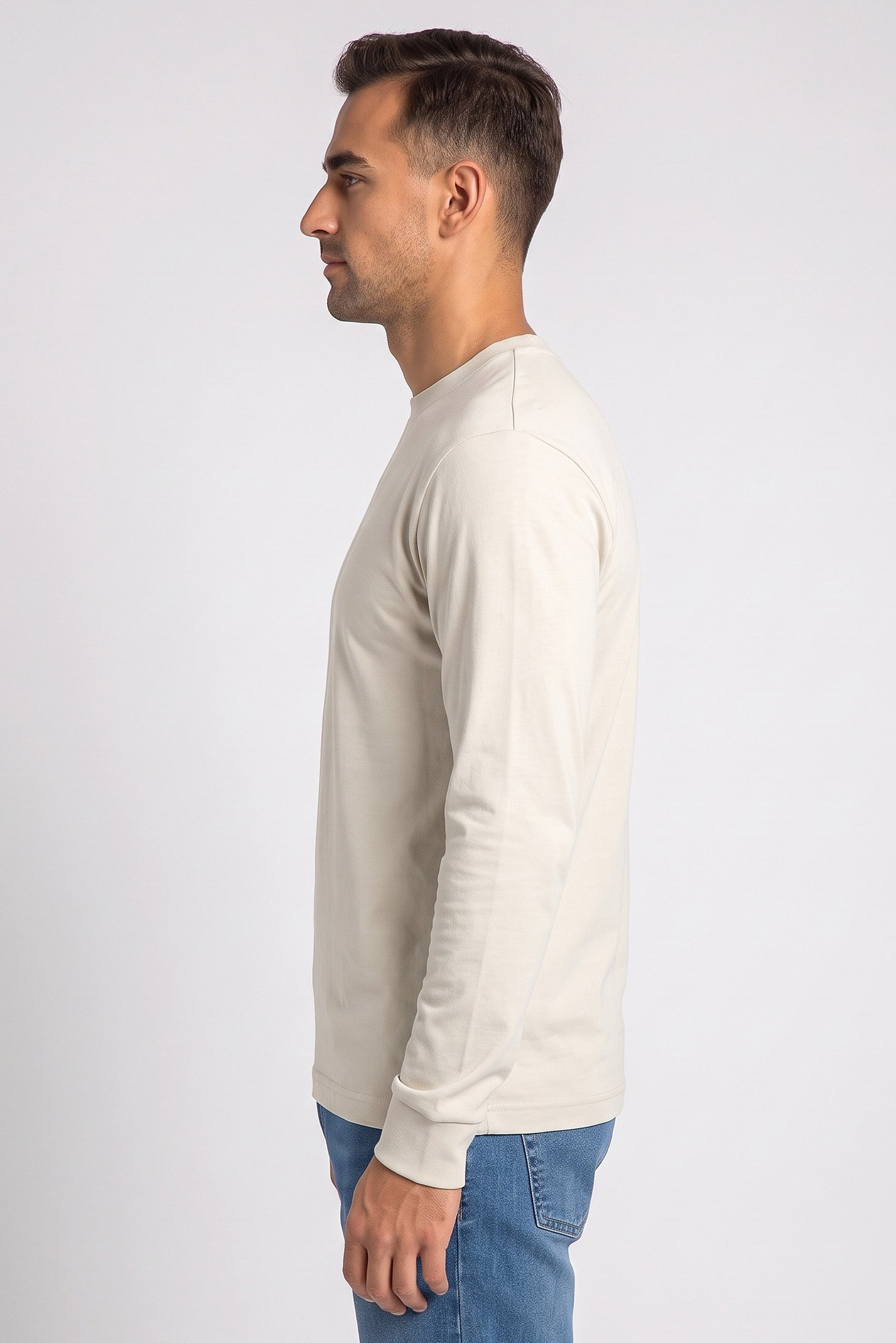 Men Crew Neck Long Sleeve Solid Sweatshirts, Light Beige