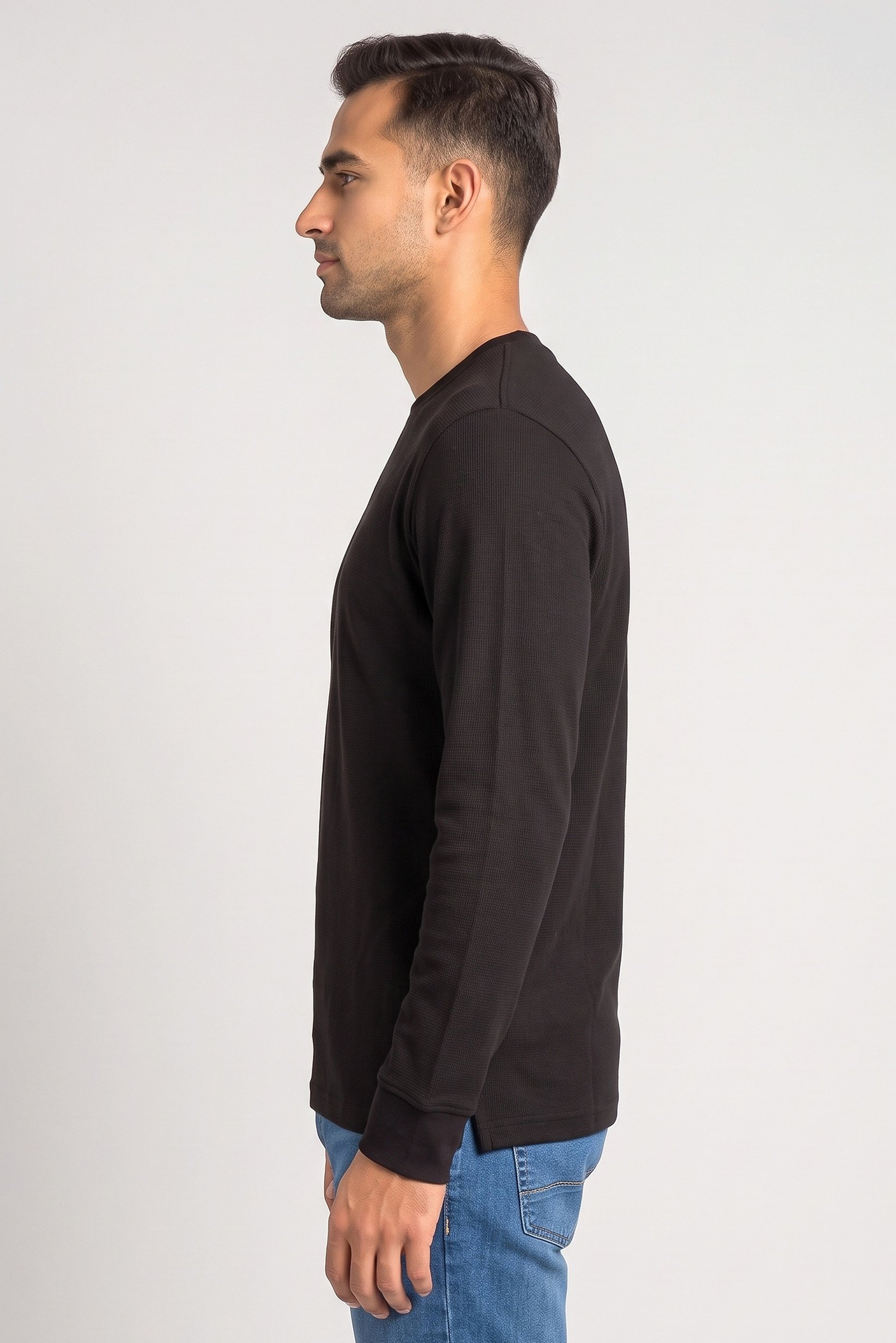 Men Crew Neck Long Sleeve Textured T-Shirt, Black