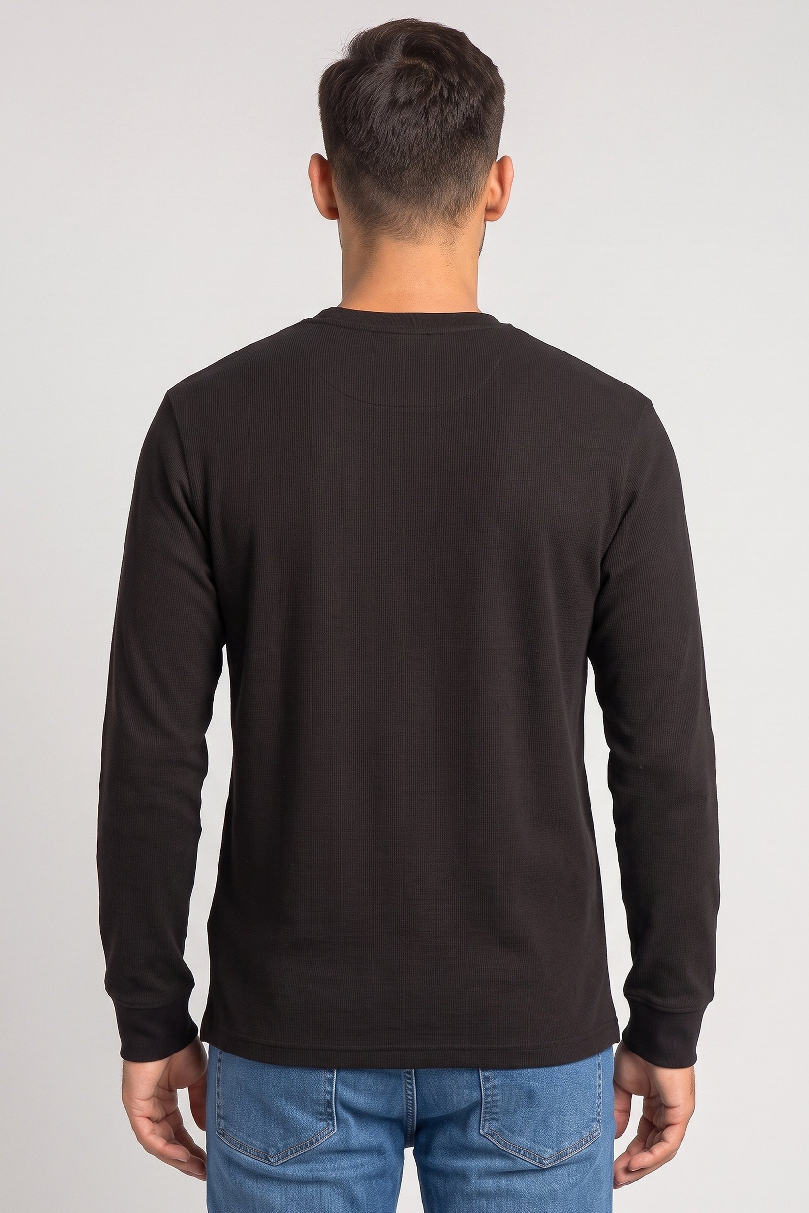 Men Crew Neck Long Sleeve Textured T-Shirt, Black