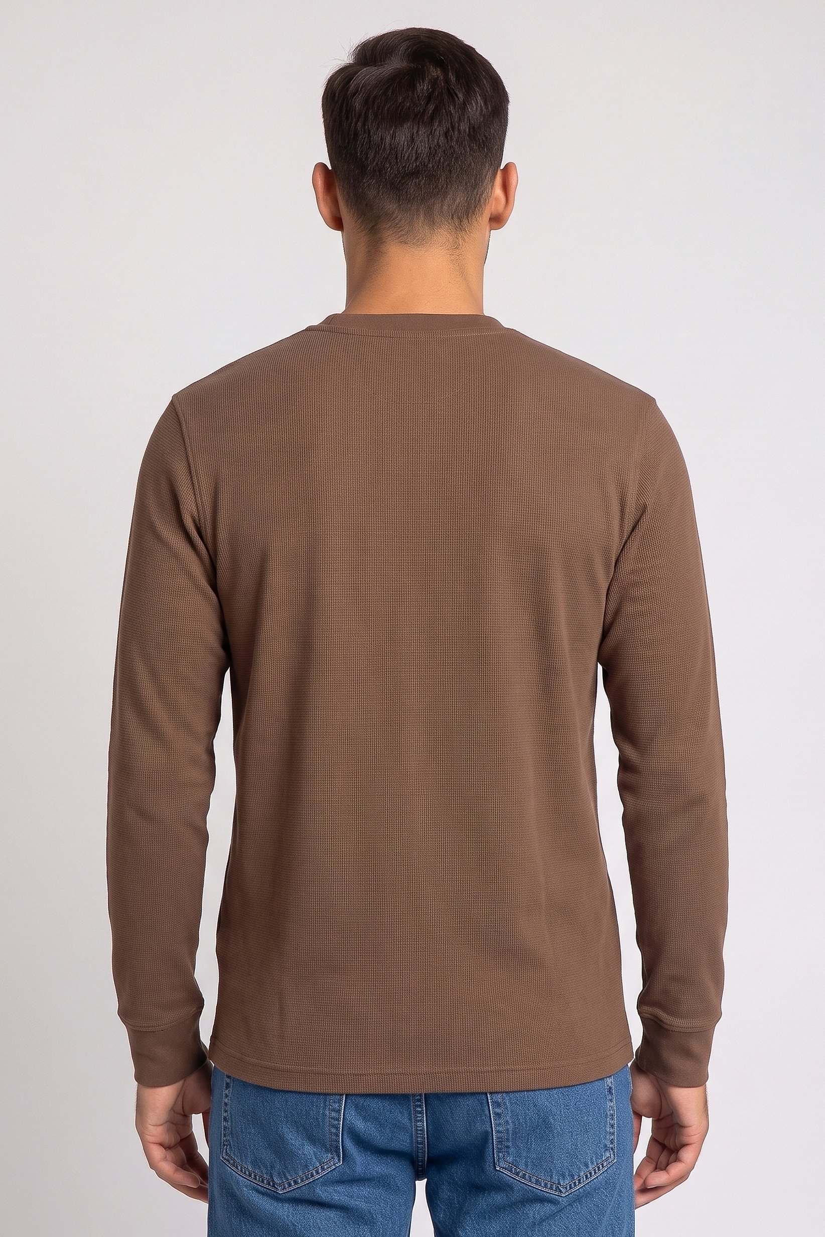Men Crew Neck Long Sleeve Textured T-Shirt, Brown
