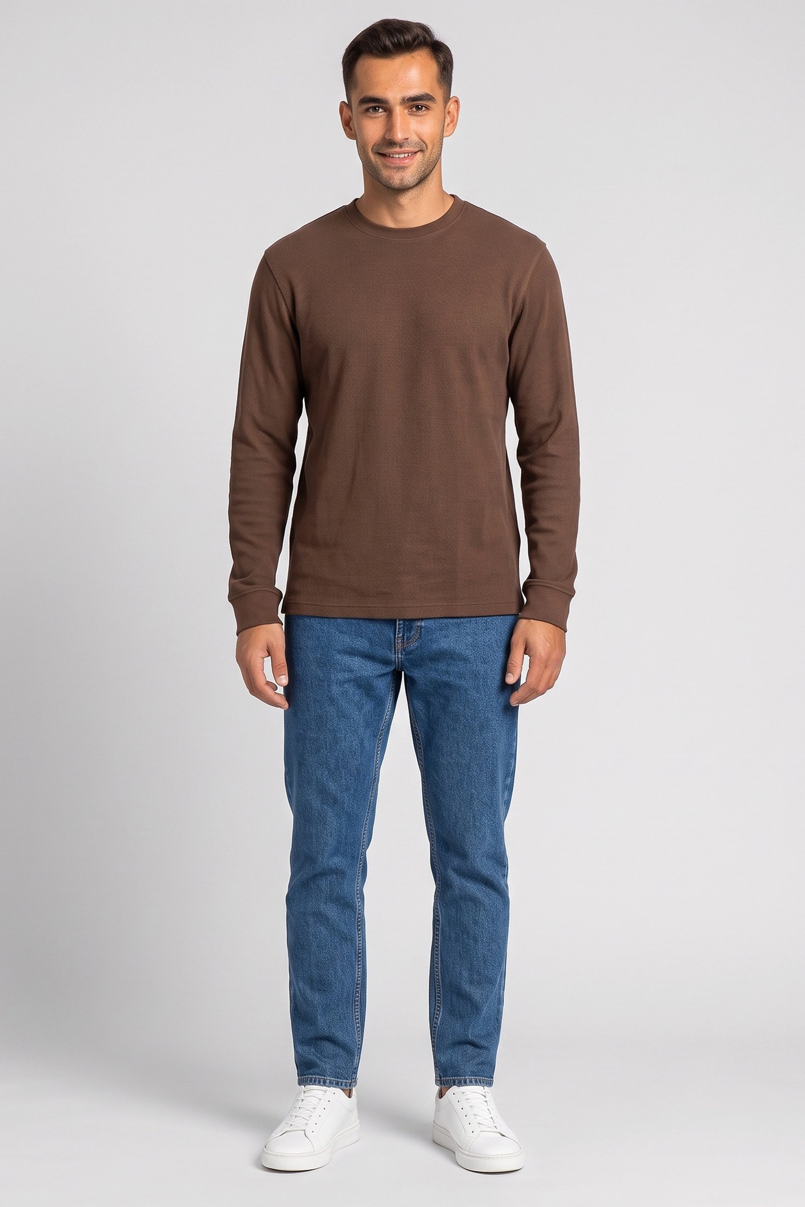 Men Crew Neck Long Sleeve Textured T-Shirt, Brown