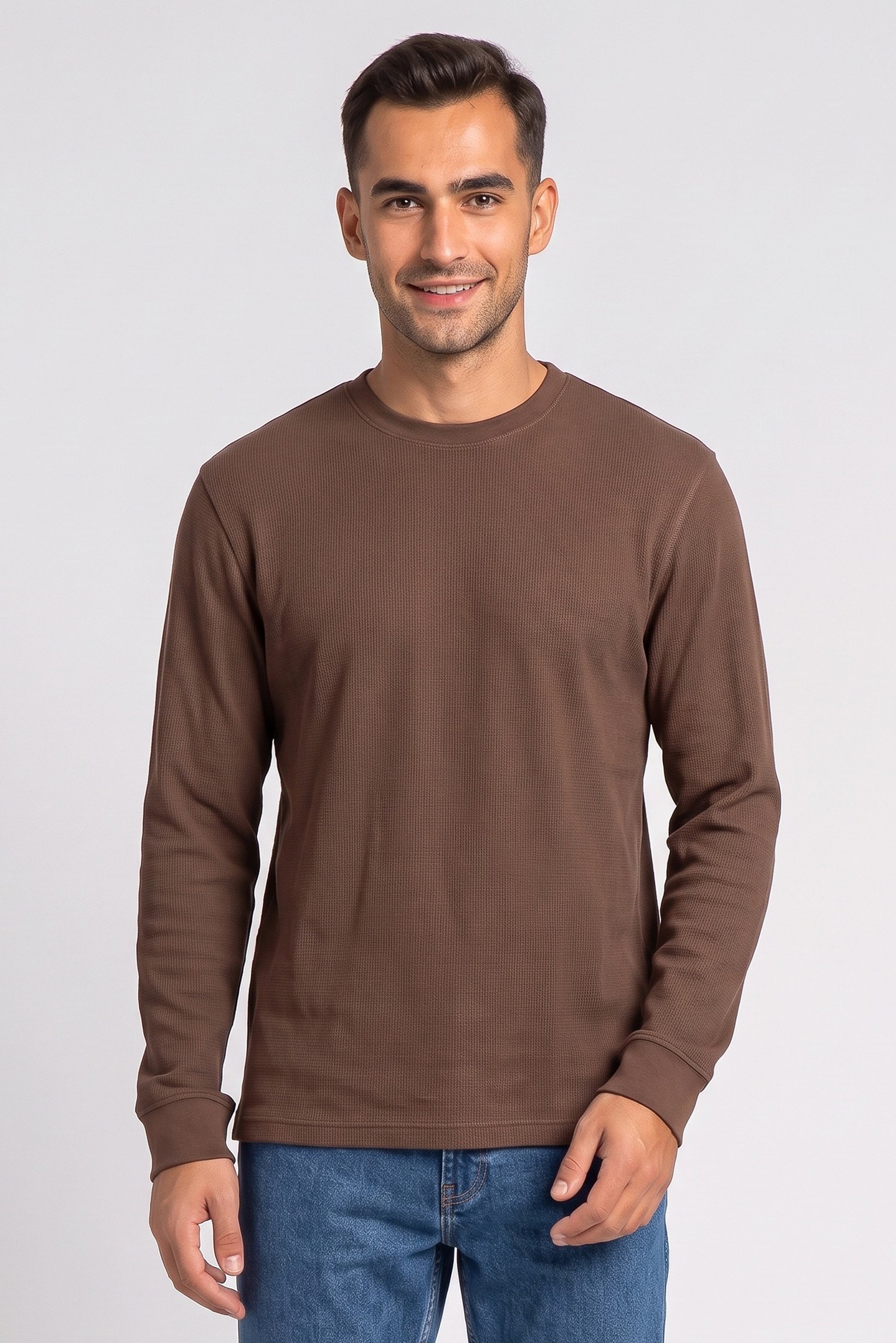 Men Crew Neck Long Sleeve Textured T-Shirt, Brown